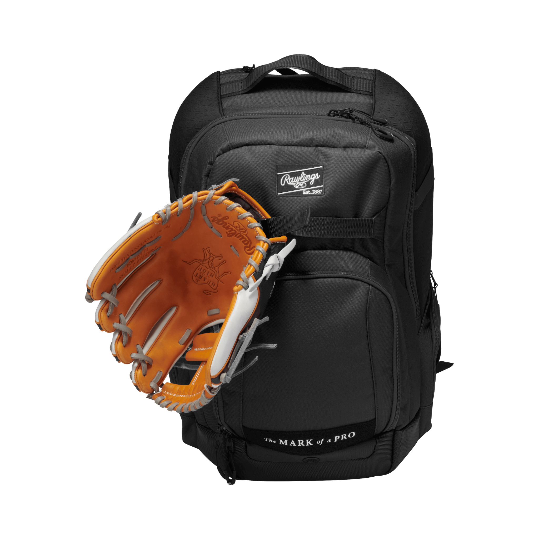 Rawlings Journey Backpack in black with gloves clipped to the front showing external glove clip feature