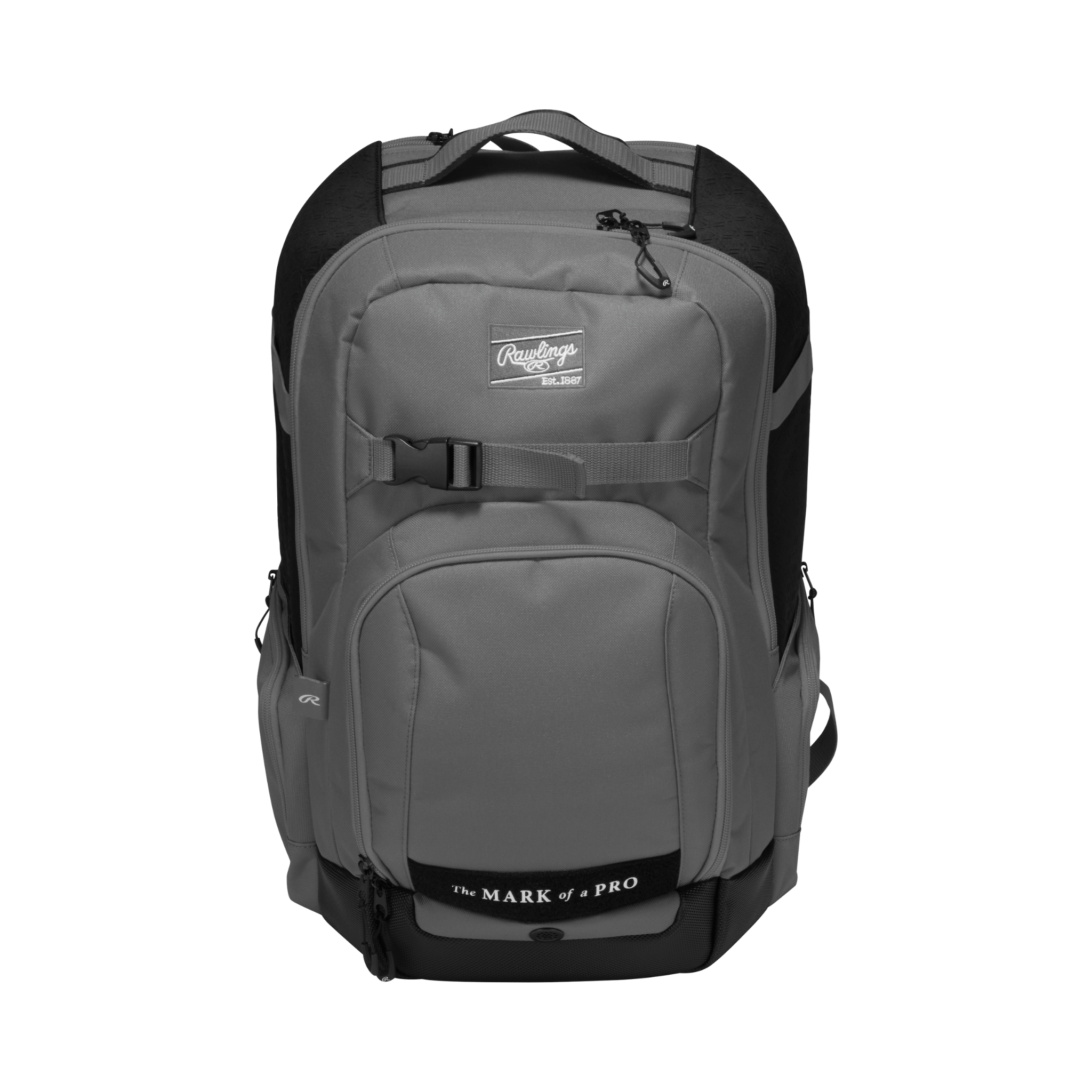 Front view of Rawlings Journey Players Backpack in graphite with bold logo and structured bat holders