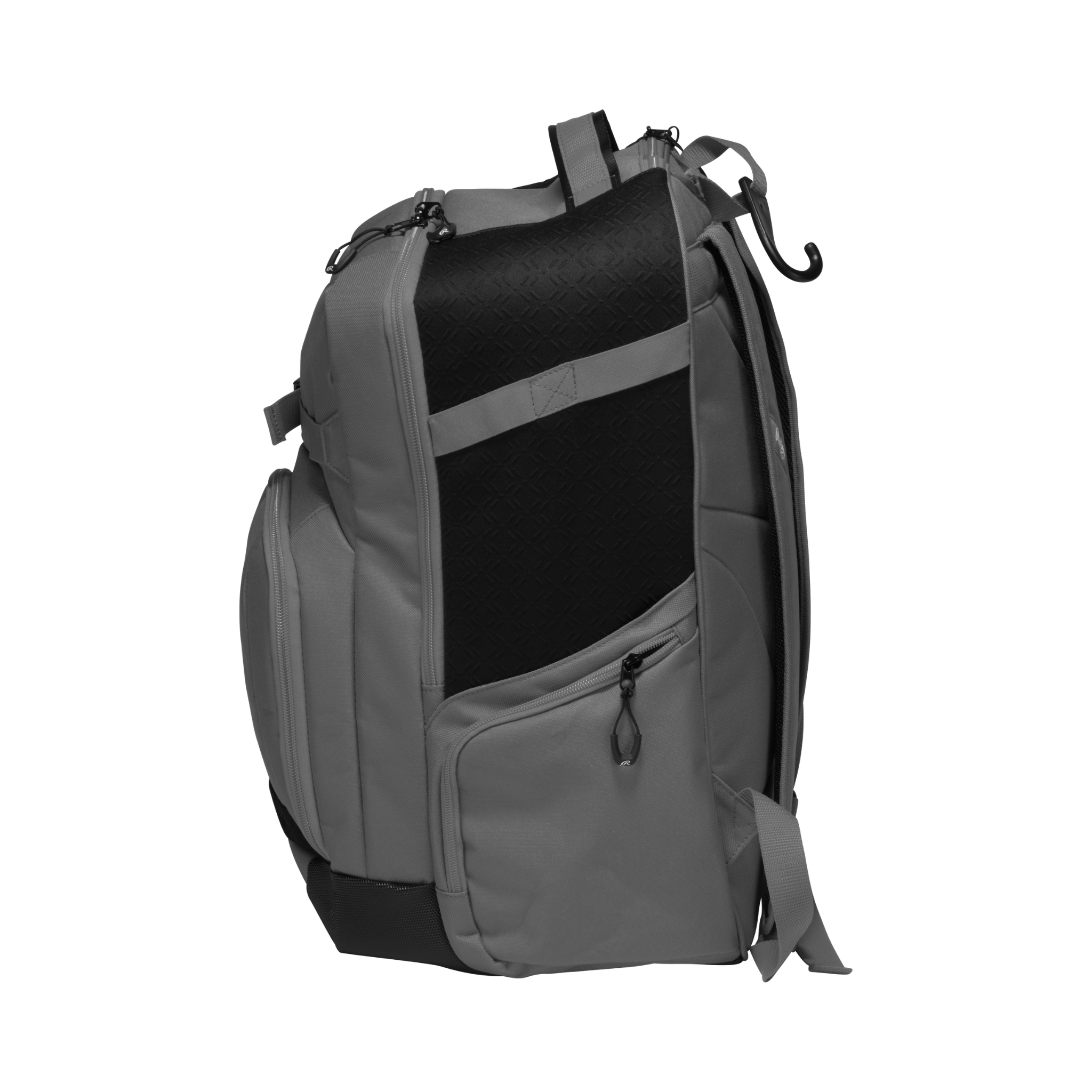 Right side of graphite Rawlings Journey Backpack with bat storage sleeve and external glove clip