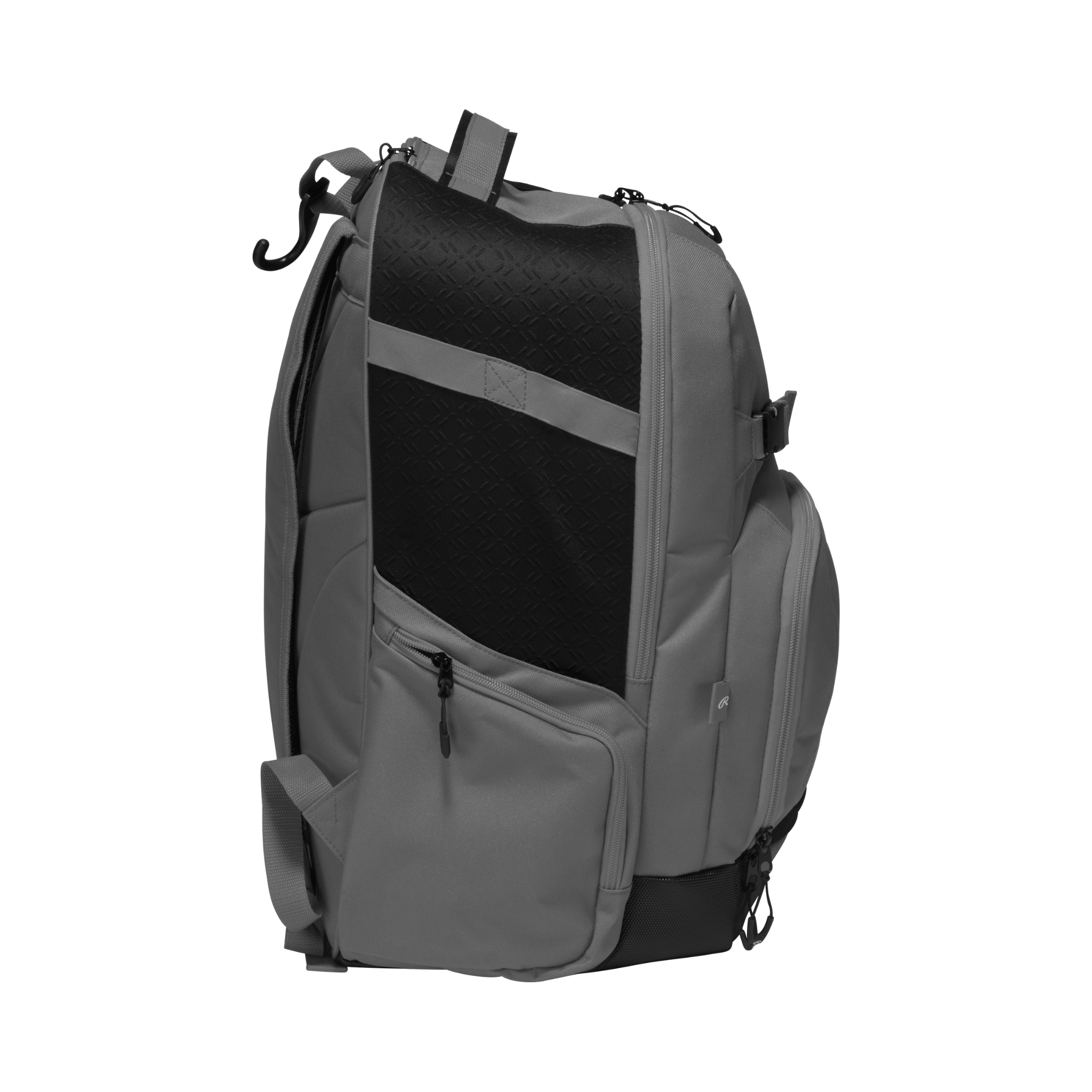 Left side of graphite Rawlings Journey Backpack with bat sleeve and water-resistant storage pocket
