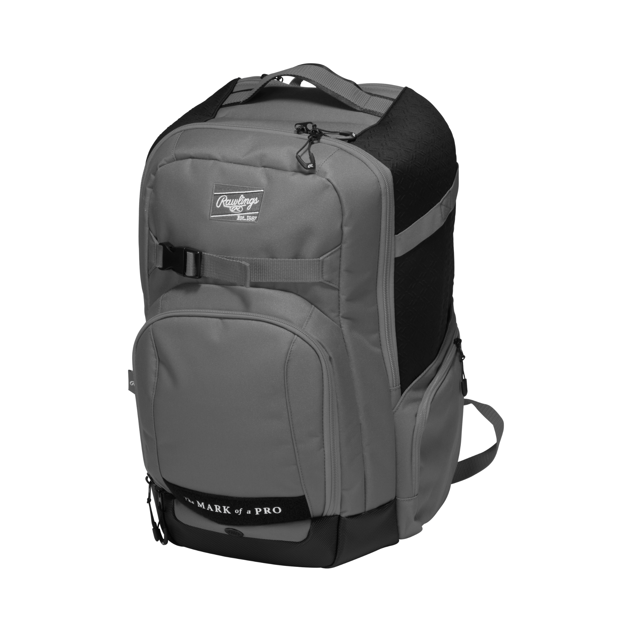 Front-right angle of graphite Rawlings Journey Backpack highlighting logo panel and side storage
