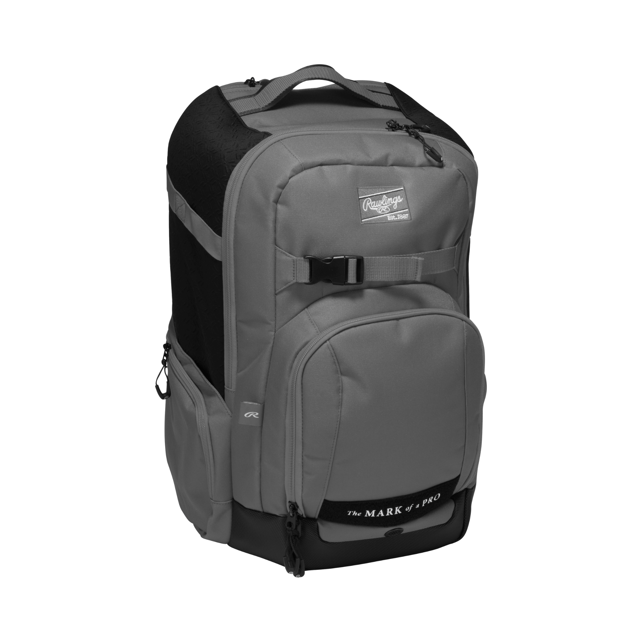 Angled front-left view of graphite Rawlings Backpack showing glove compartment and bat holder access