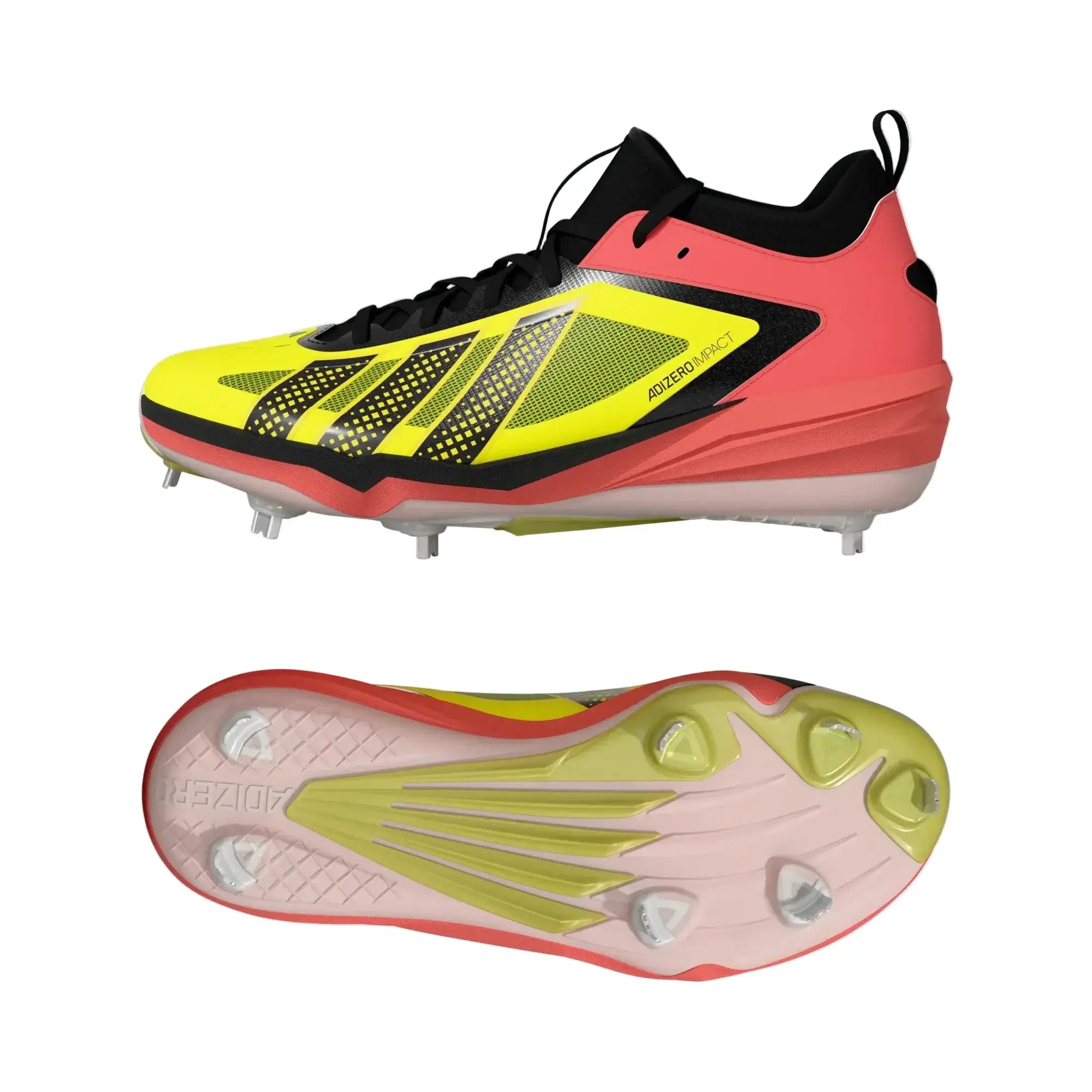 Adidas Adizero Impact 3.0 - Sollem/CBLAC side profile and outsole view with stud pattern and vibrant yellow and coral colors.