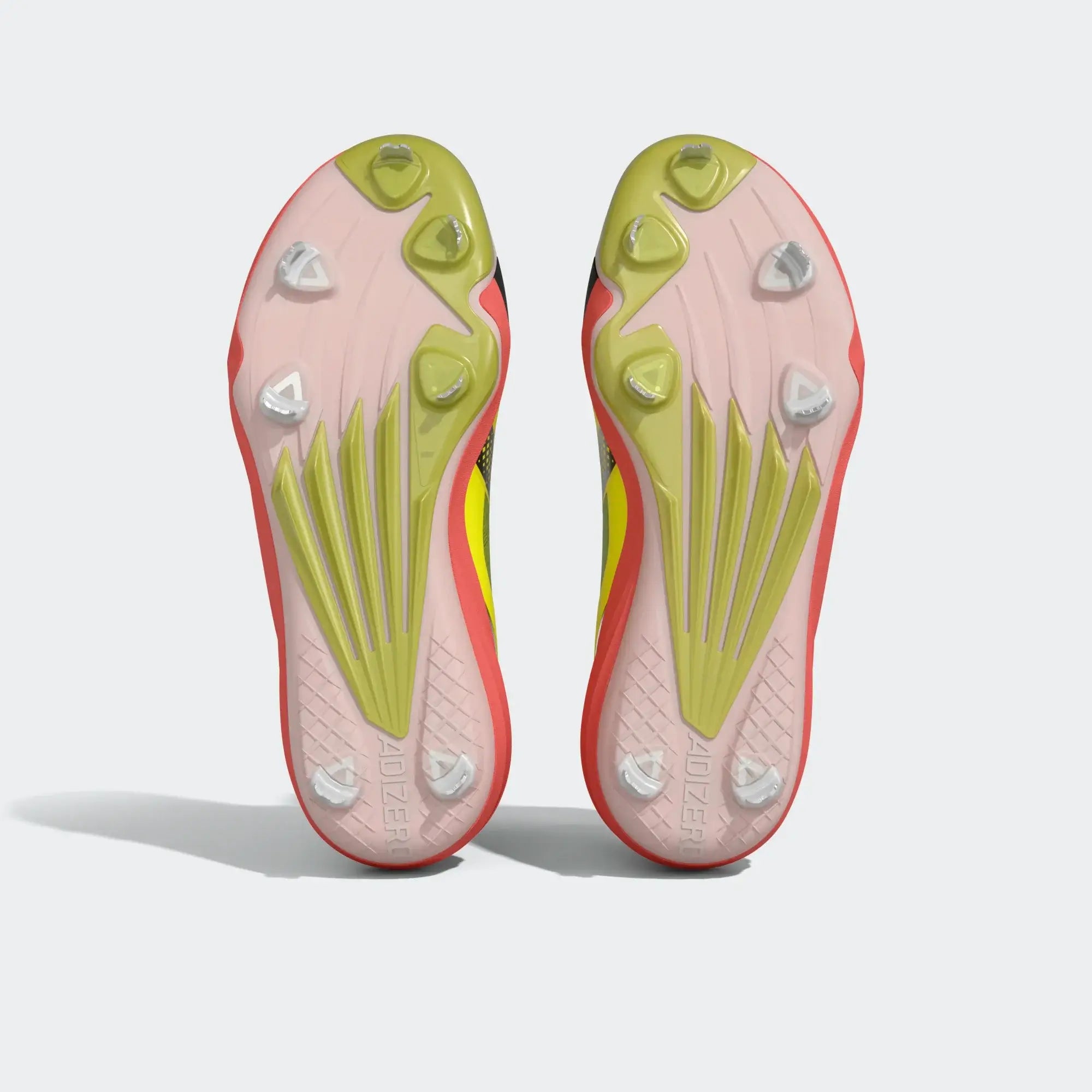 Adidas Adizero Impact 3.0 - Sollem/CBLAC cleats, outsole view showing pink, green, and silver stud pattern design.