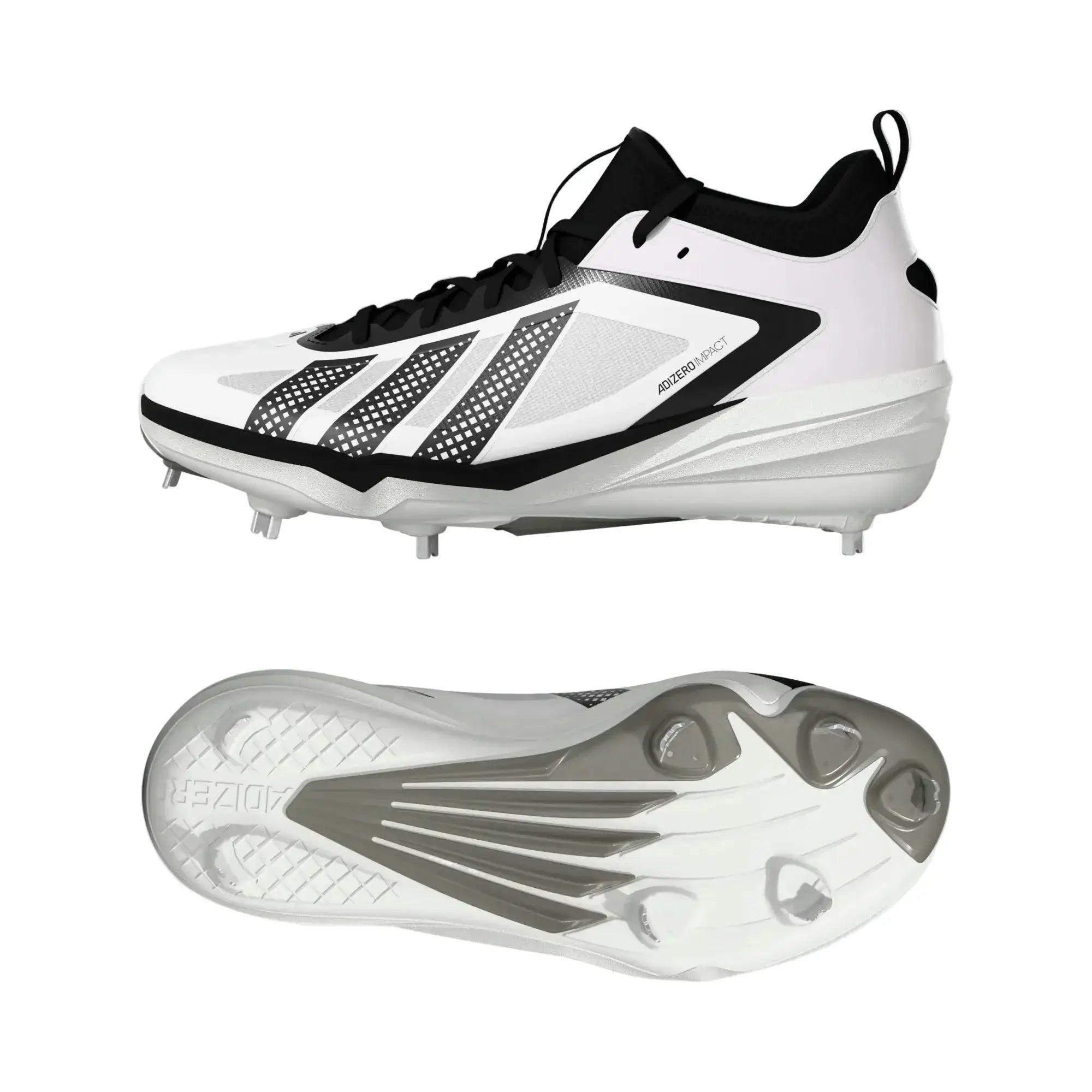 Adidas Adizero Impact 3.0 Wht/CBLA cleats side profile and outsole view showing stud pattern and logo placement.
