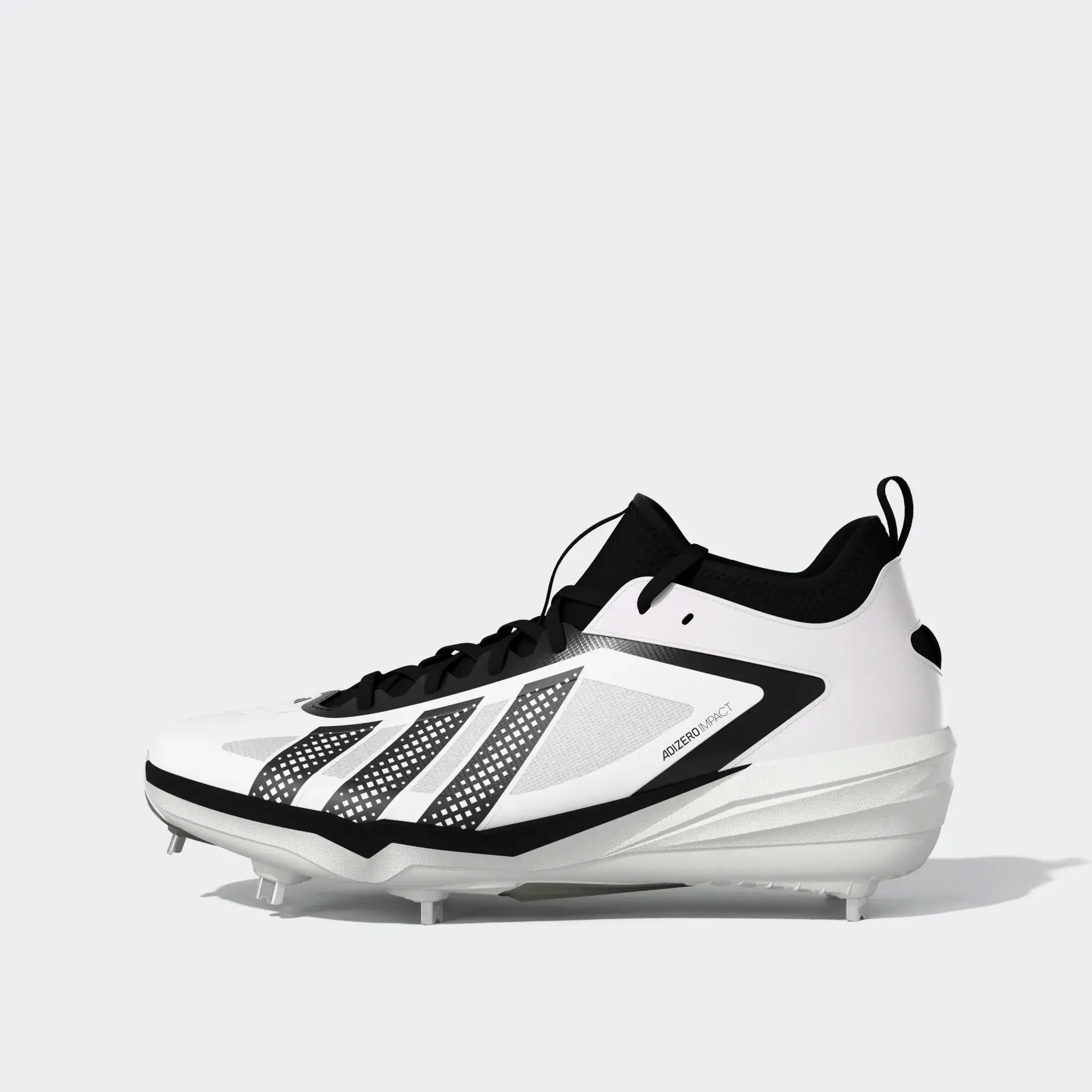Adidas Adizero Impact 3.0 Wht/CBLA cleat side profile, white with black details and metal studs