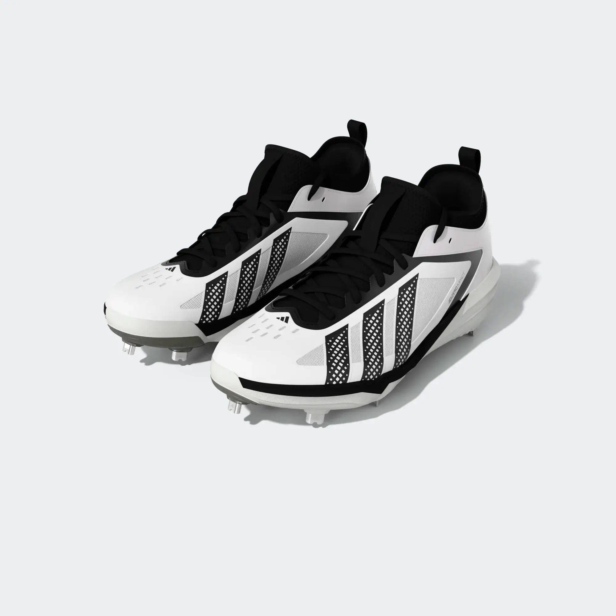 Adidas Adizero Impact 3.0 Wht/CBLA cleats side profile view, featuring black and white design with visible studs and logo placement.