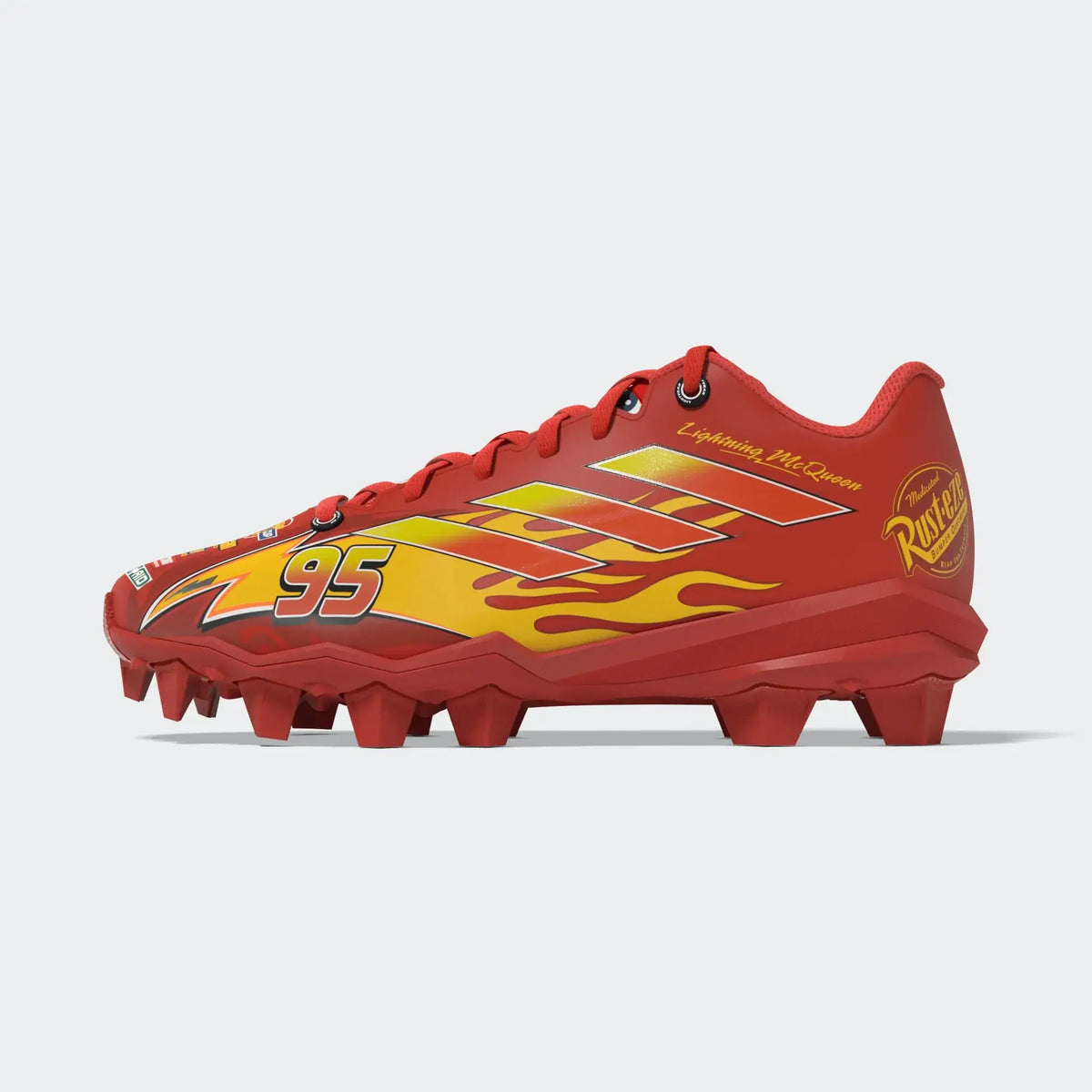 Adidas Adizero Impact Molded Cleat Kids - LUCRED/YELL side profile showing yellow flame design and stud pattern.