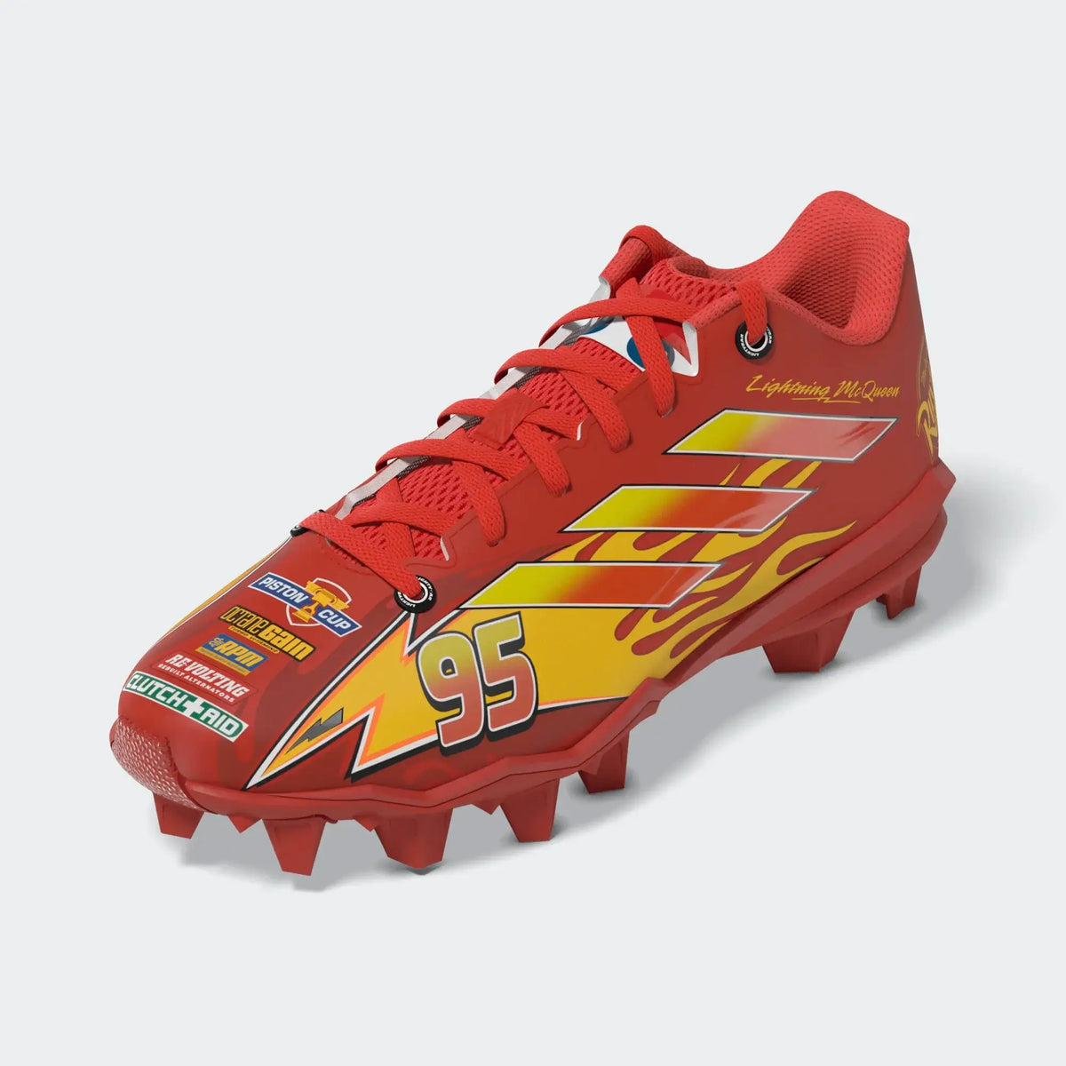 Adidas Adizero Impact Molded Cleat Kids - LUCRED/YELL, side profile with red base, yellow graphics, studded outsole