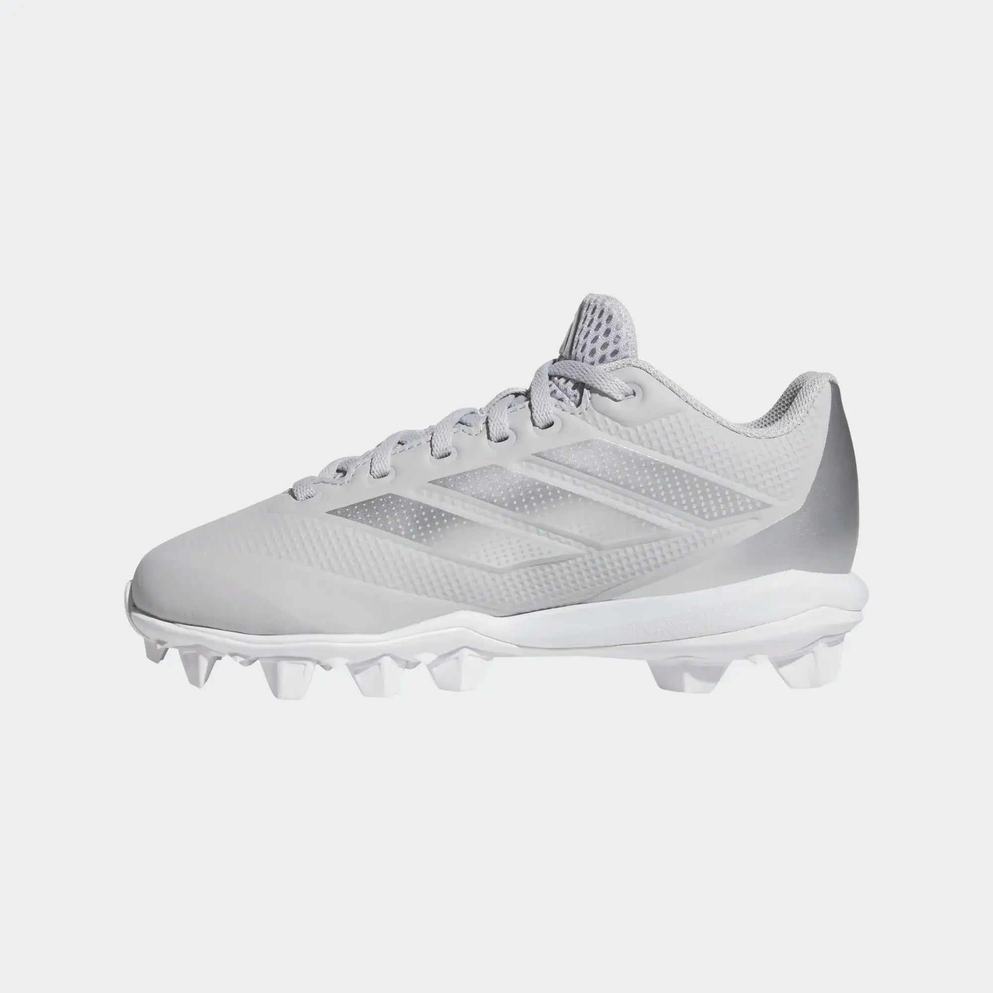 Side profile of Adidas Adizero Impact Molded Cleats Kids - TMLGGR/SILV in grey with visible stud pattern and lacing system.