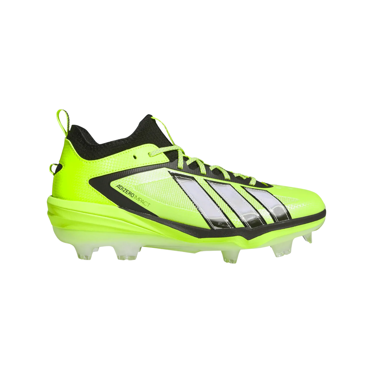 Adidas Adizero Impact 3.0 TPU Cleats in green with silver and black accents, designed for speed and performance in baseball.