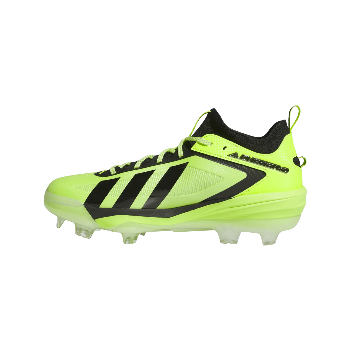 Adidas Adizero Impact 3.0 TPU Cleats in Solar Slime green with black details, side view.