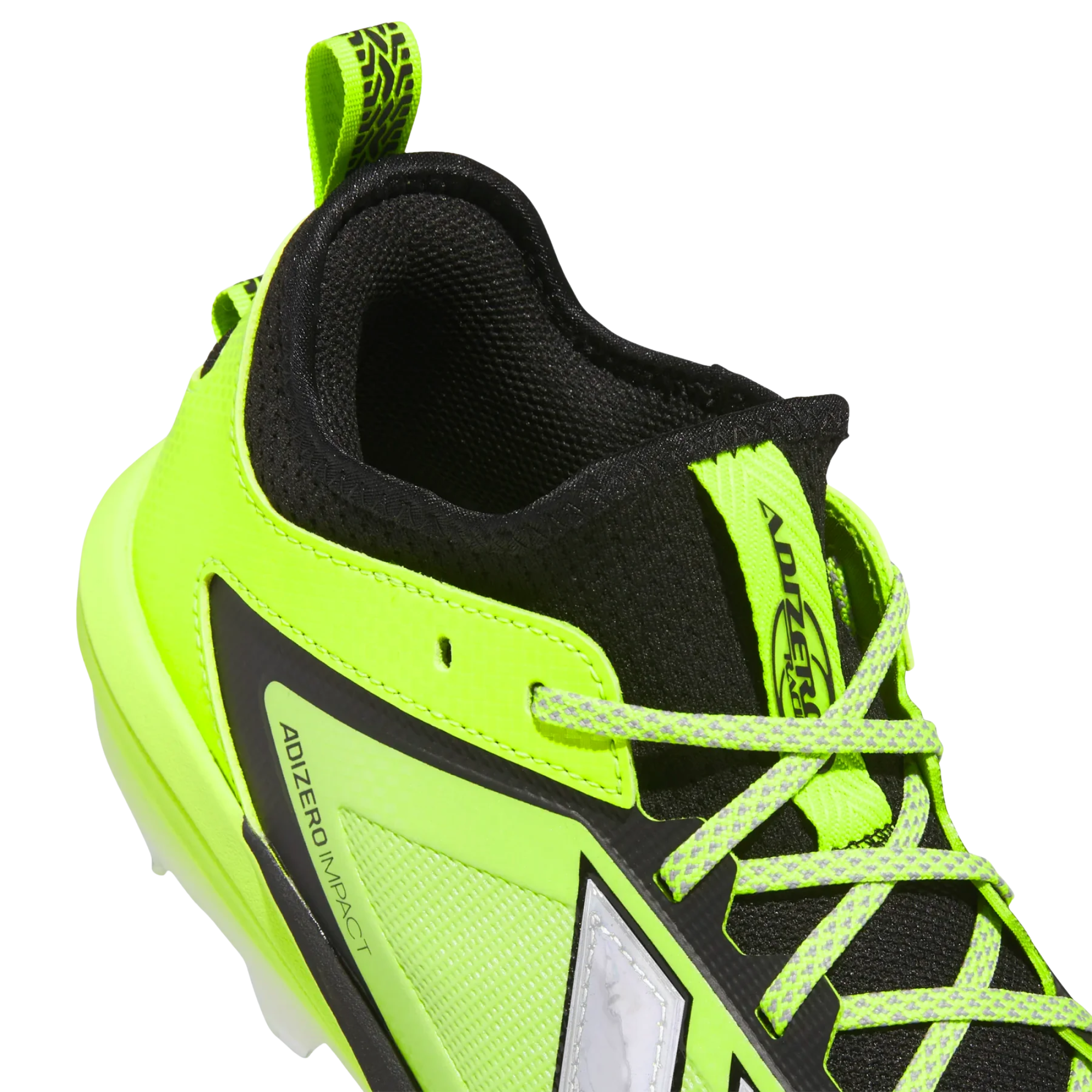 Adidas Adizero Impact 3.0 TPU Cleats in vibrant green with black accents, designed for speed and precision.