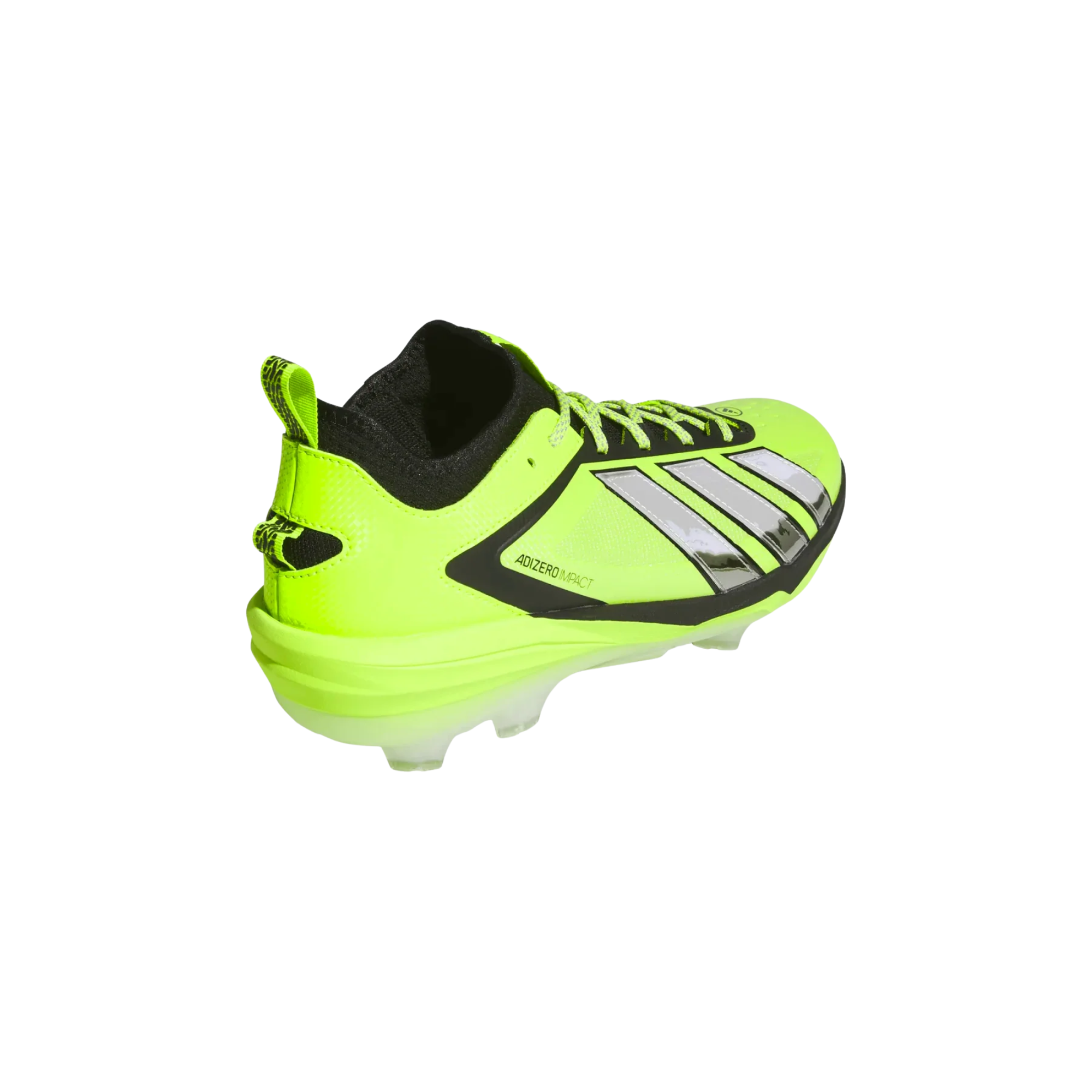 Adidas Adizero Impact 3.0 TPU Cleats in green with racing team-inspired design, featuring Solar Slime upper and metallic accents.