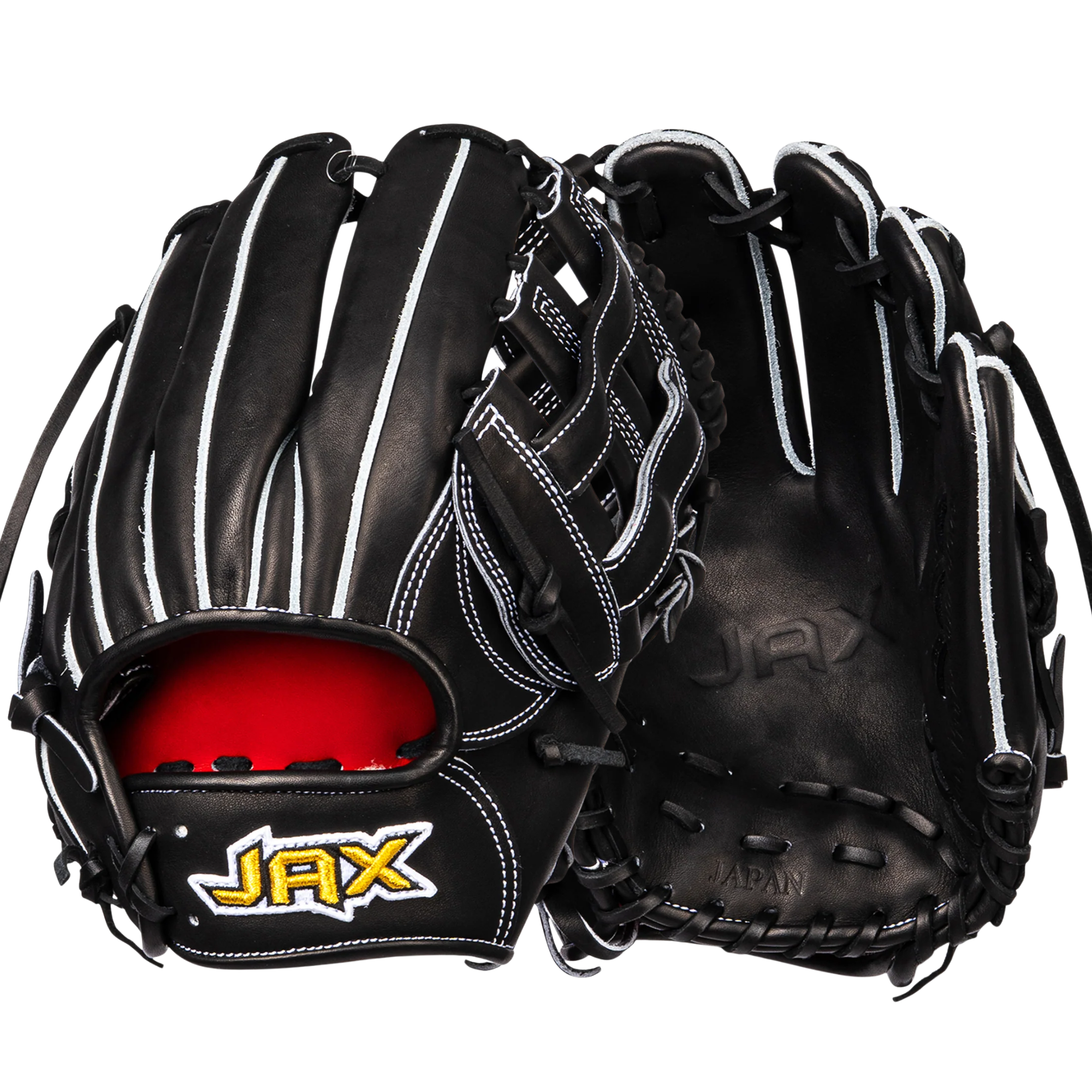 Jax DM-5 11.5” Infield Glove Black RHT front and back with white stitching and red palm liner.