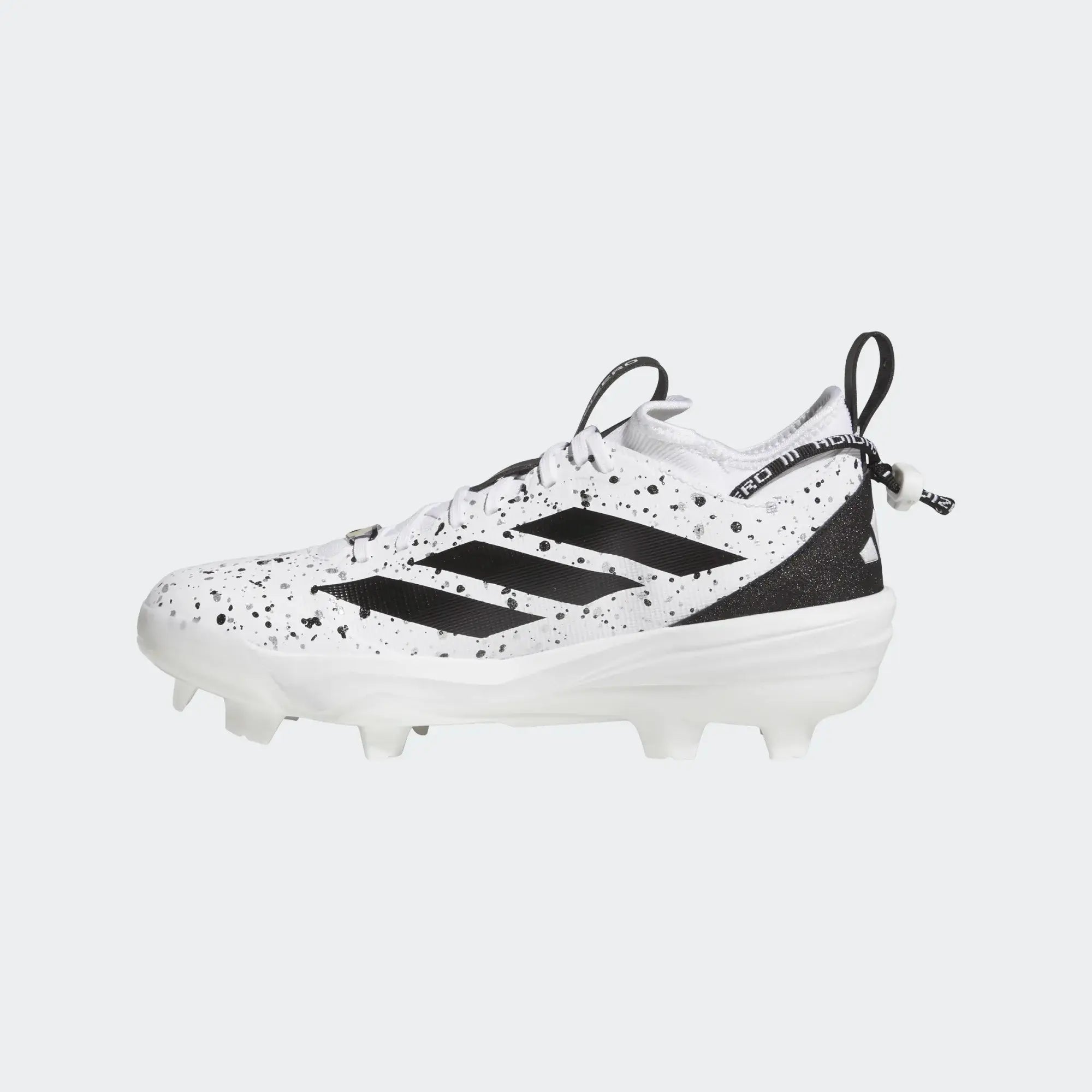 Side profile of Adidas Adizero Impact 2.0 TPU Baseball Cleat SHD - White with black accents and iridescent details, visible stud pattern.