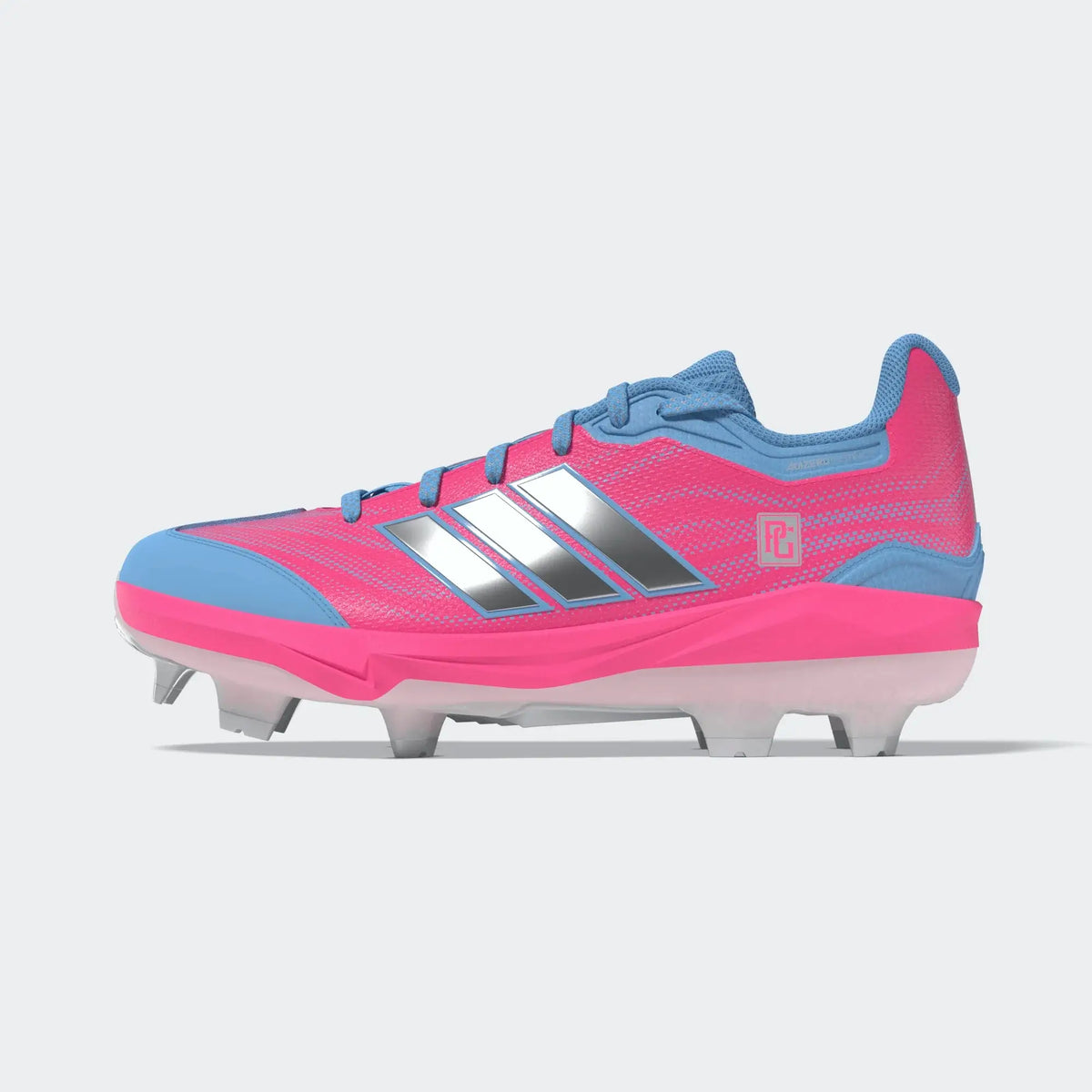 Adidas Adizero Instinct 3 WHT/SILVMT side profile showing pink and blue design with silver stripes and spiked outsole.