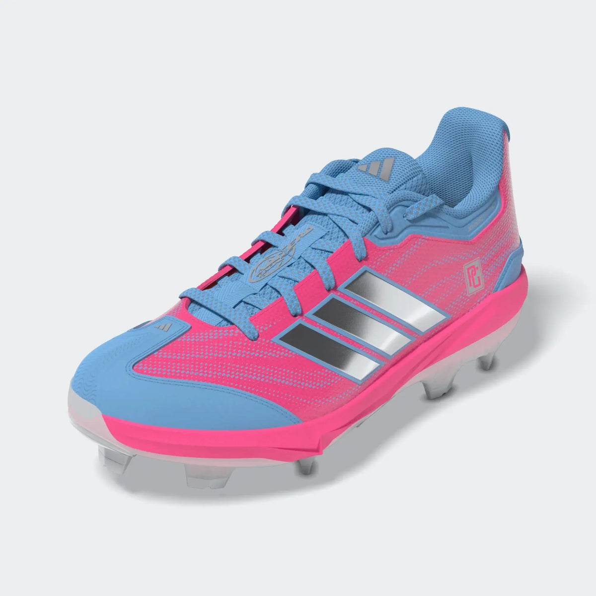 Adidas Adizero Instinct 3 WHT/SILVMT cleat side profile with pink and blue design, silver stripes, and studded outsole.