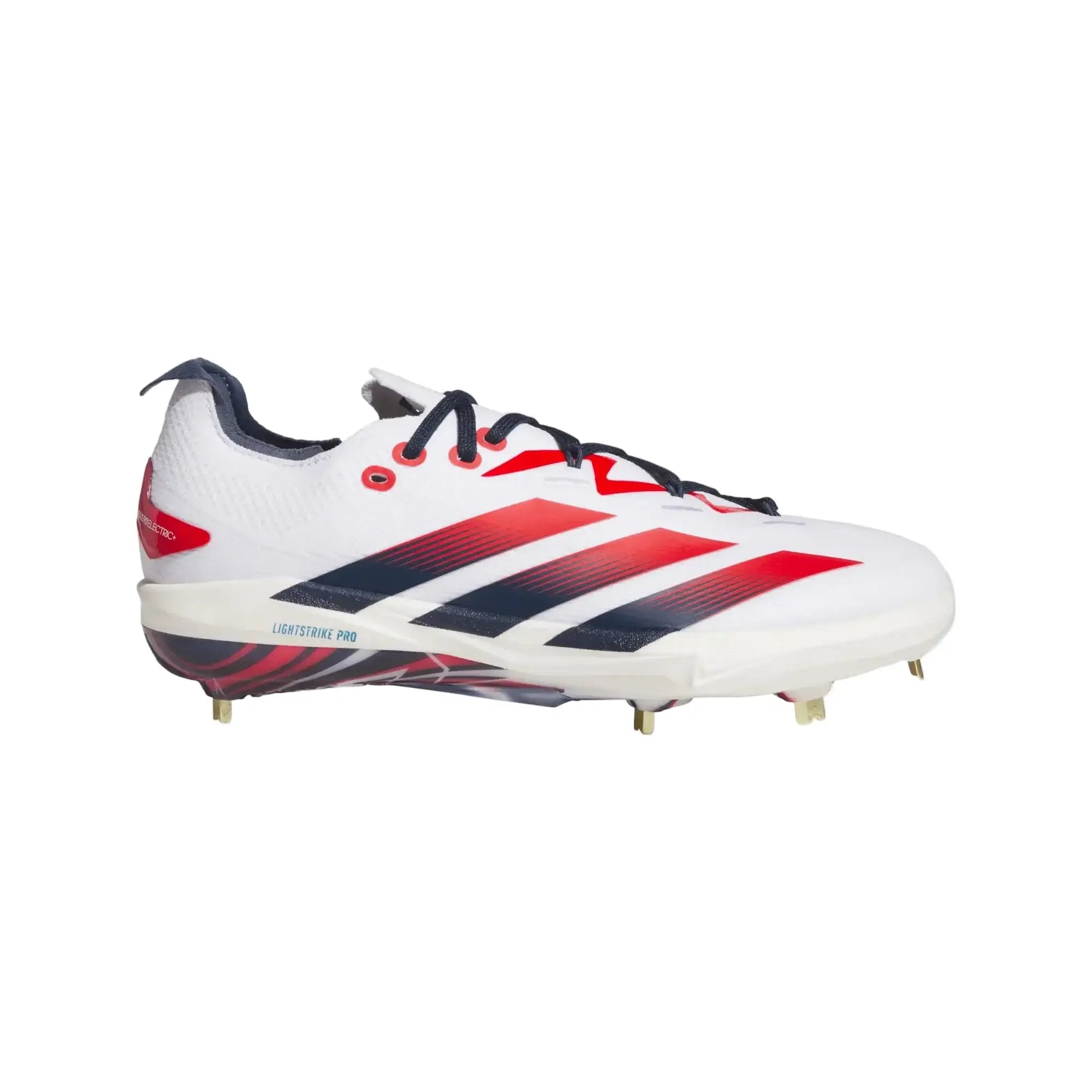 Side profile of Adidas Adizero Electric+ 2.0 BSB USA FTWWHT/TENABL/TMCORD sneaker with red and blue stripes, spike outsole.