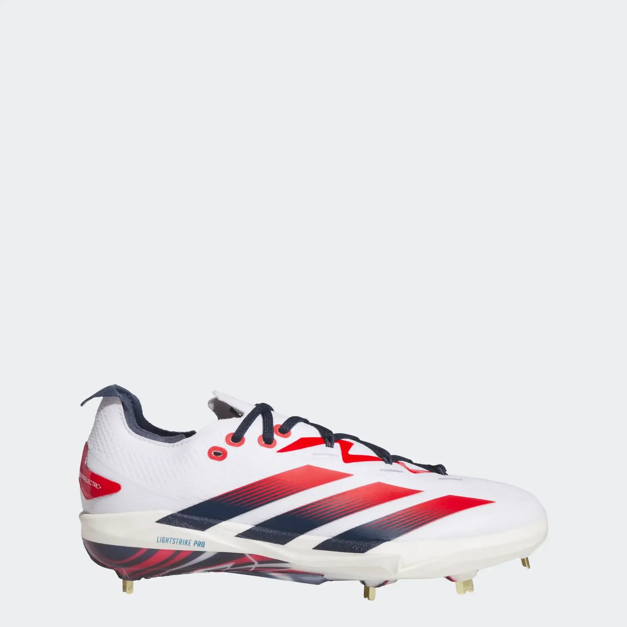 Adidas Adizero Electric+ 2.0 USA Metal Baseball Cleats, designed for speed and agility in white, red, and blue color scheme.