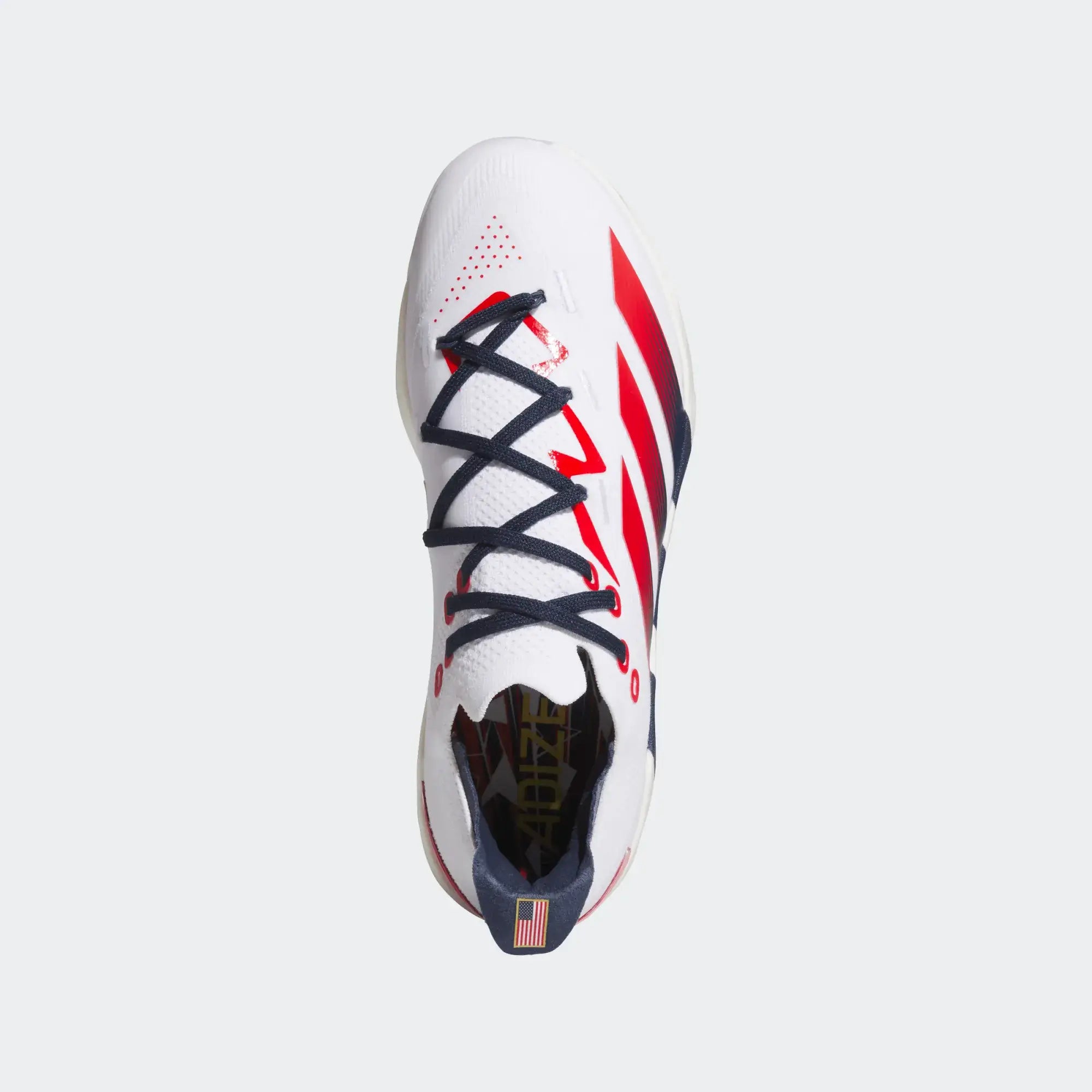 Top view of Adidas Adizero Electric+ 2.0 USA Metal Baseball Cleats showing red and blue design.