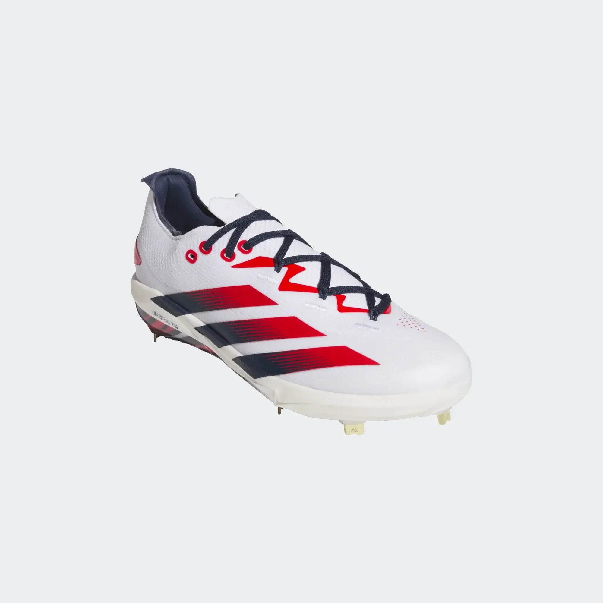 Adidas Adizero Electric+ 2.0 BSB USA FTWWHT/TENABL/TMCORD cleat, side profile showing Primeknit upper and blue laces.