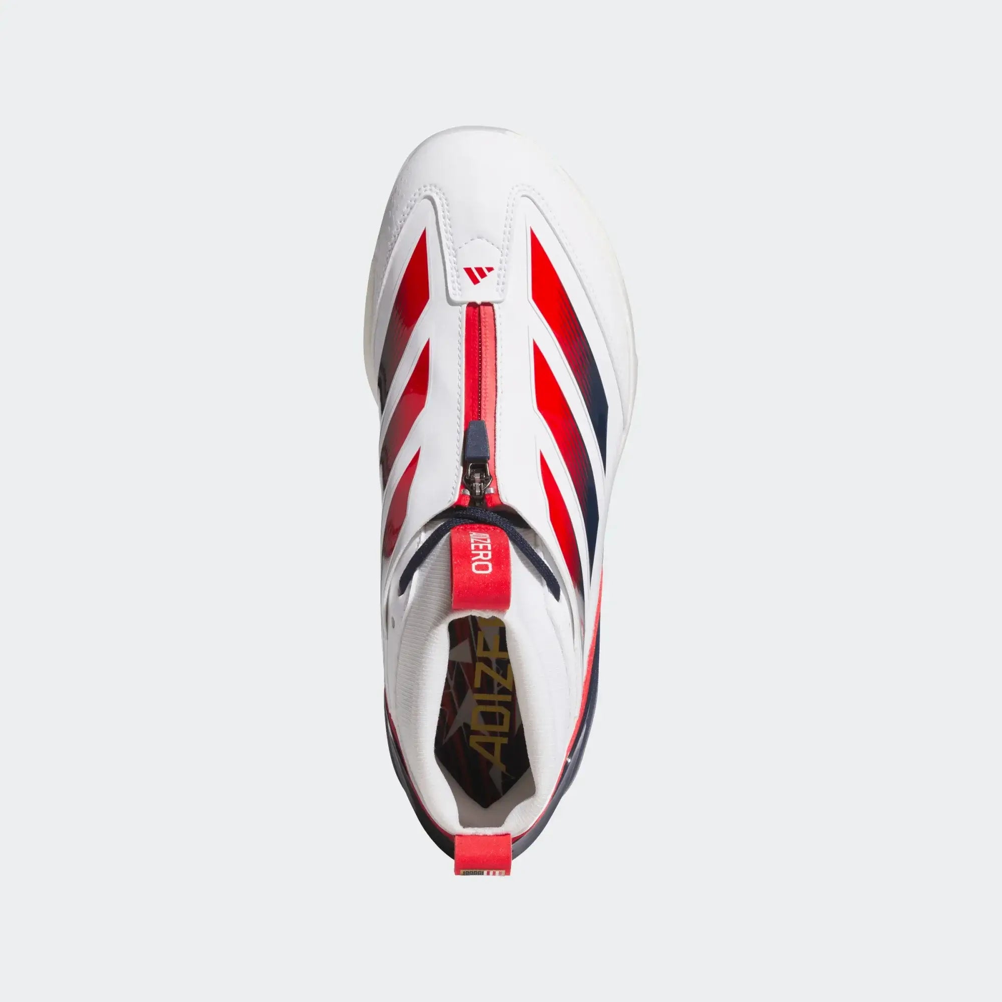 Top view of Adidas Adizero Impact+ 2.0 Baseball Cleat USA - White with red and blue stripes and central zipper.