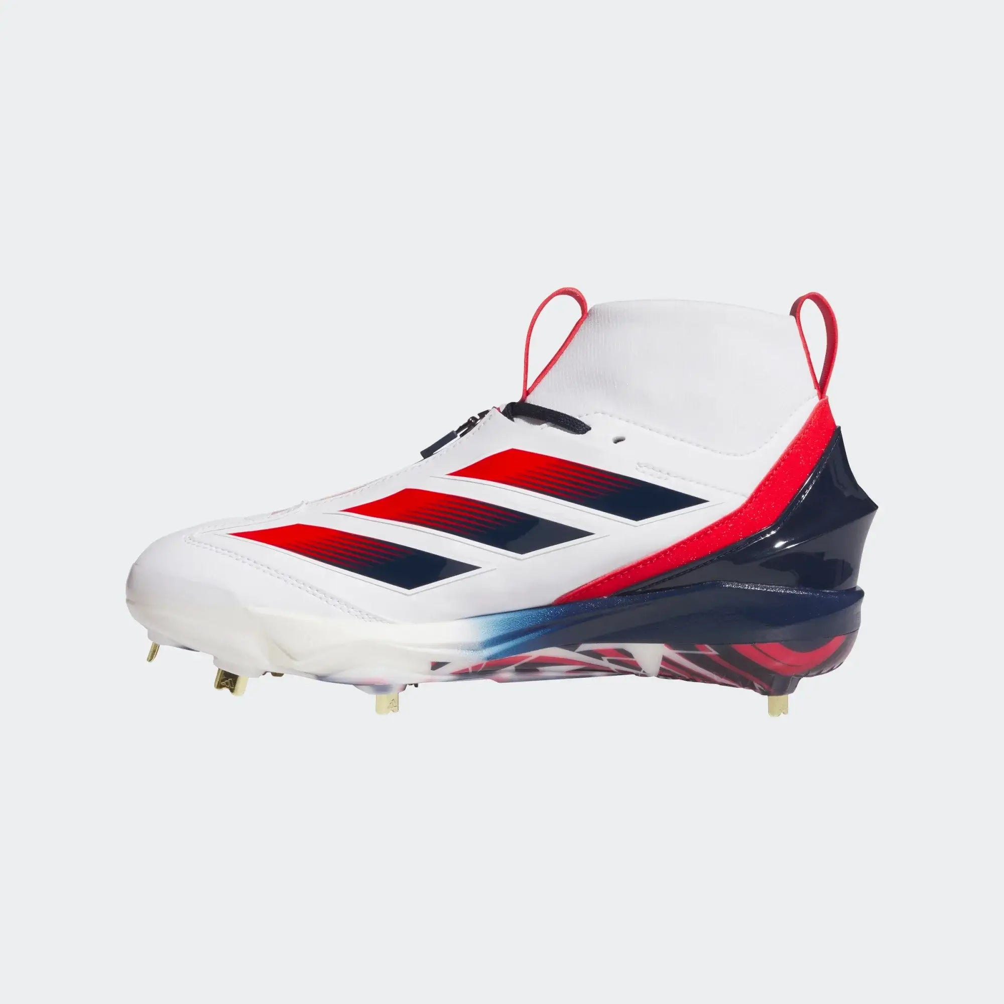 Side profile of Adidas Adizero Impact+ 2.0 Baseball Cleat USA - White, showing red and navy accents and stud pattern.