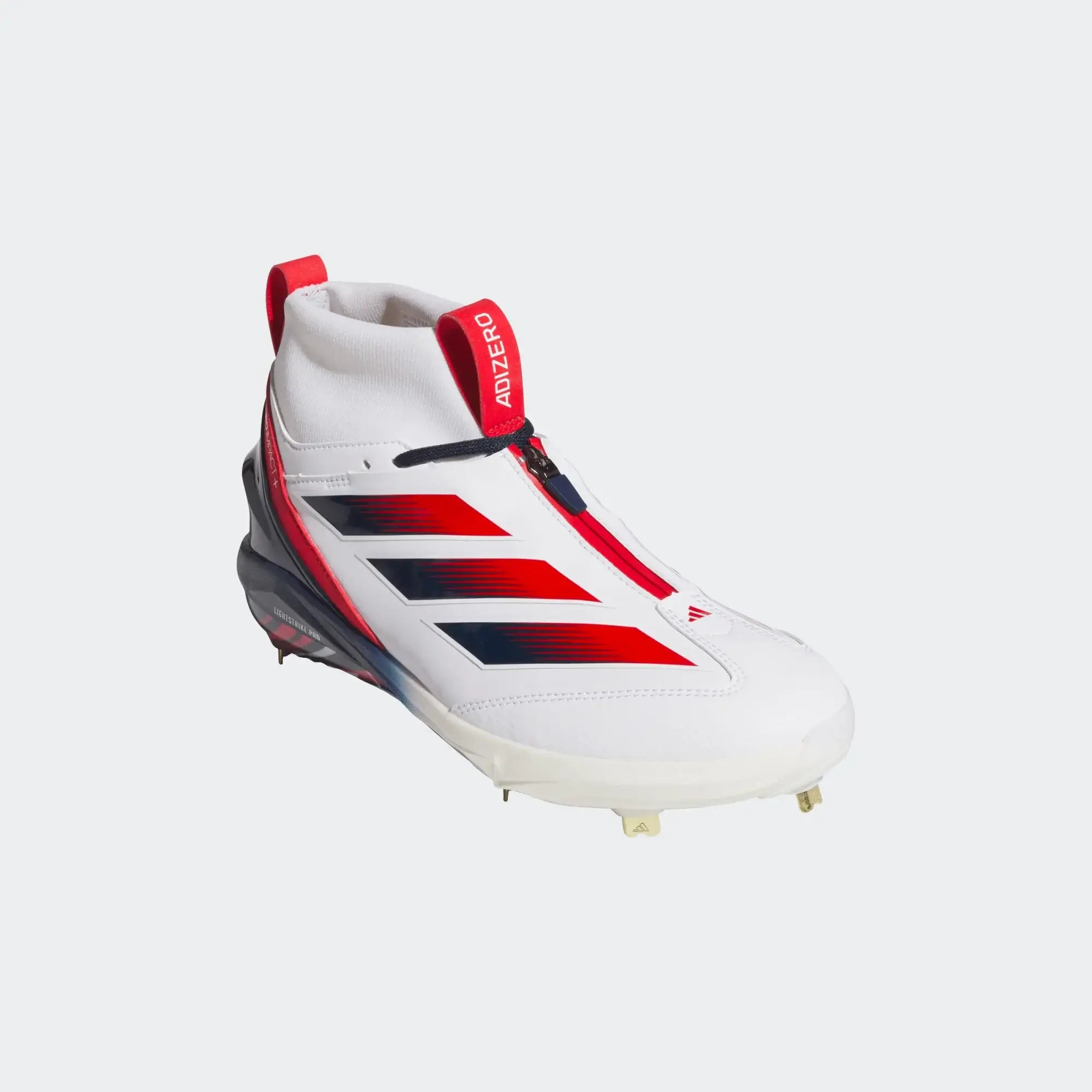 Adidas Adizero Impact+ 2.0 Baseball Cleat USA - White, side profile showing red stripes and zipper closure.