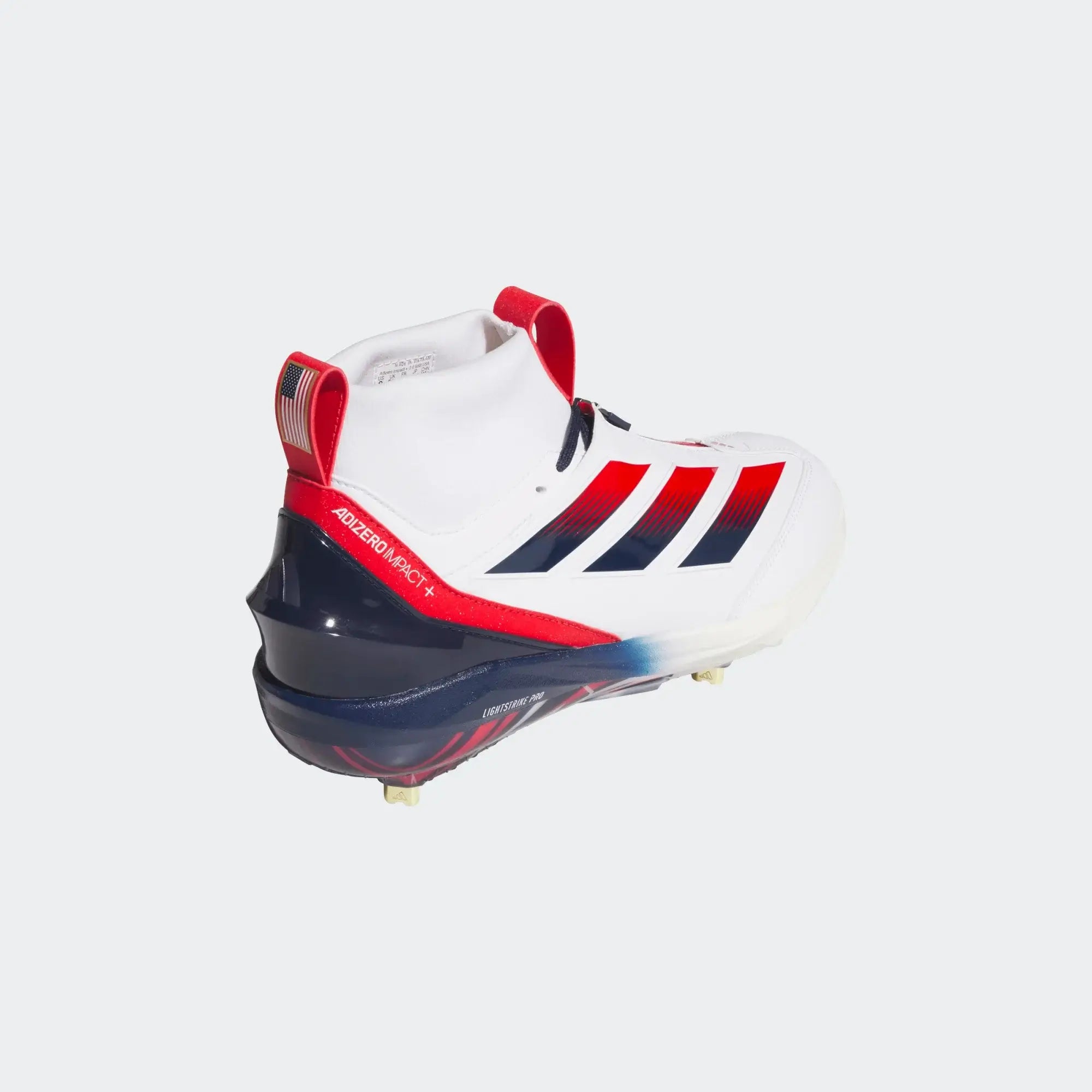 Adidas Adizero Impact+ 2.0 Baseball Cleat USA - White, heel view showing red and navy stripes, high-top design.