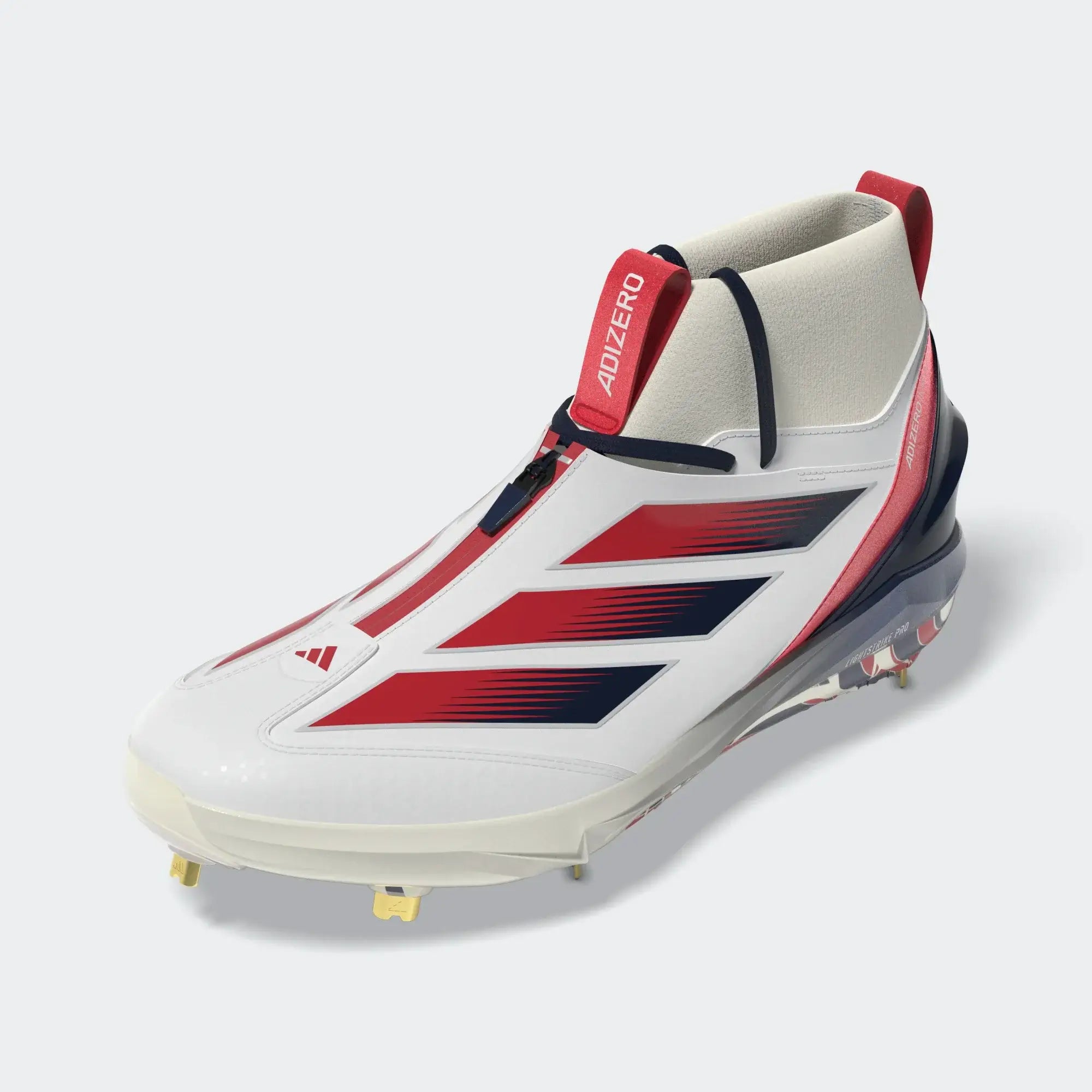 Side profile of Adidas Adizero Impact+ 2.0 Baseball Cleat USA - White with red and black accents, visible stud pattern and Adizero text on tongue.