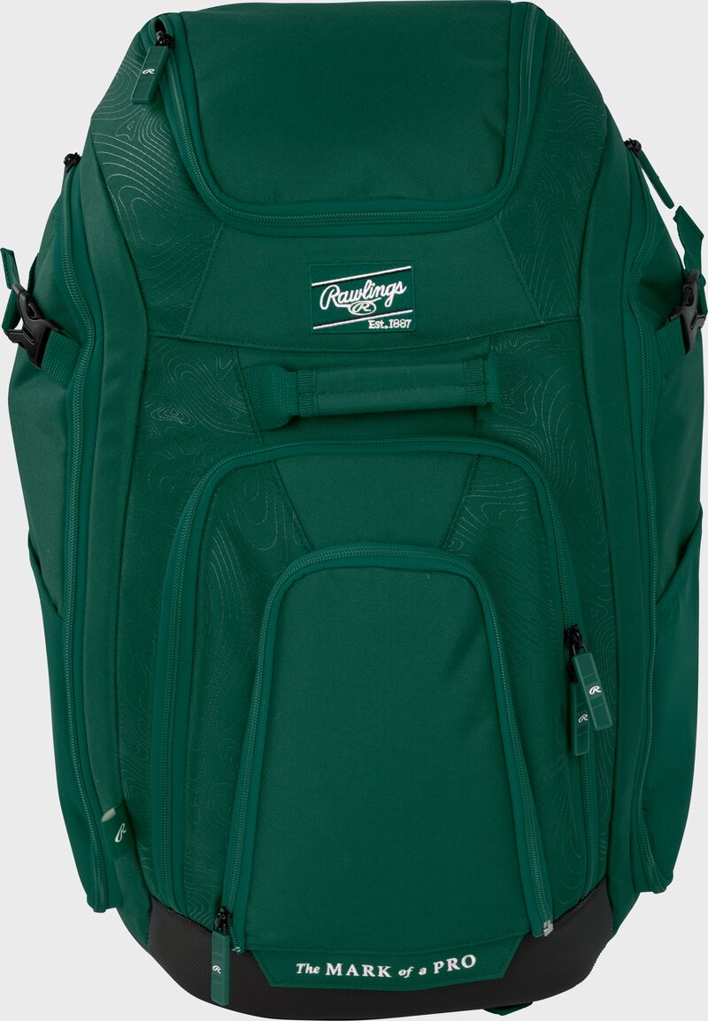 Front view of Rawlings Legion 2 Players Backpack in green, showing zipper compartments and brand logo
