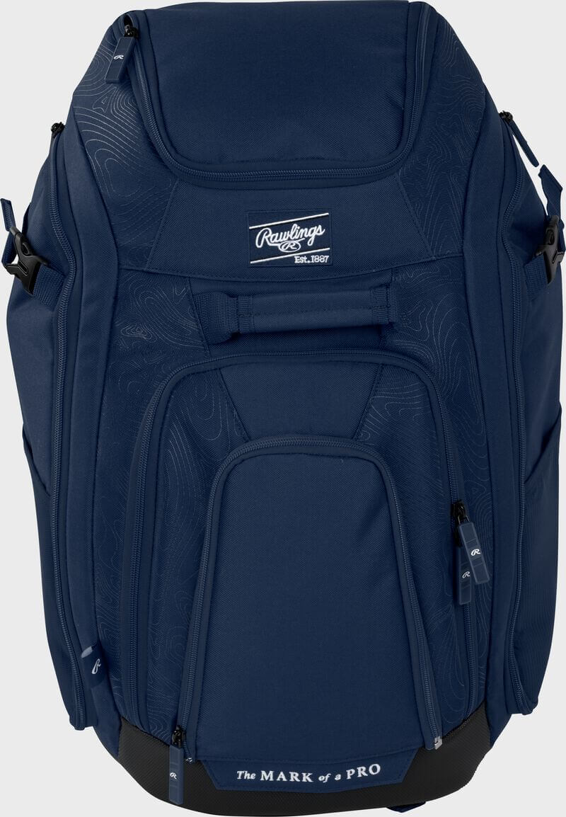 Front view of Rawlings Legion 2 Players Backpack in navy with multiple compartments and black bottom panel.