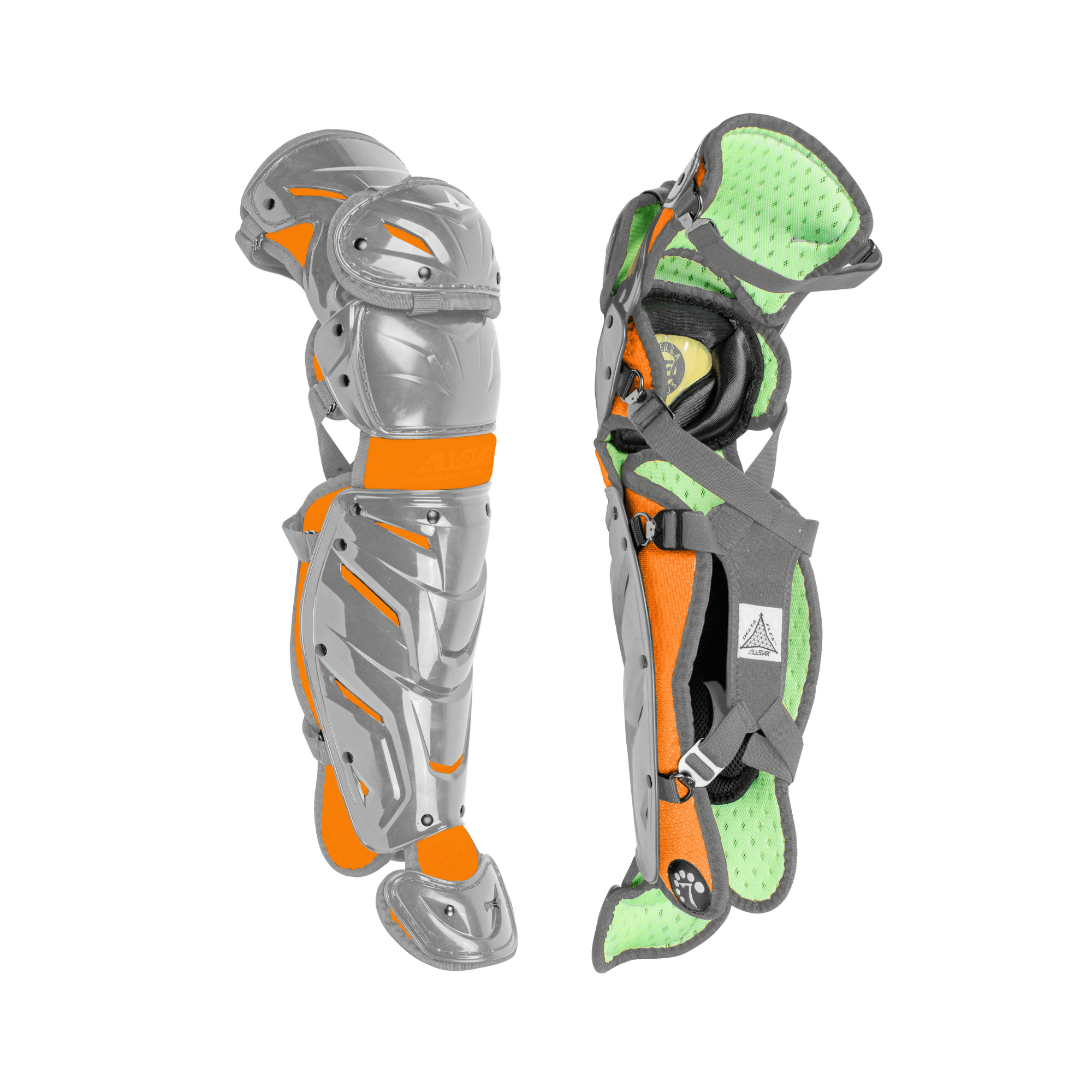All-Star S7 AXIS Leg Guards in two-tone design for ages 9-12, featuring LINQ™ hinge system for mobility and DeltaFlex™ harness.
