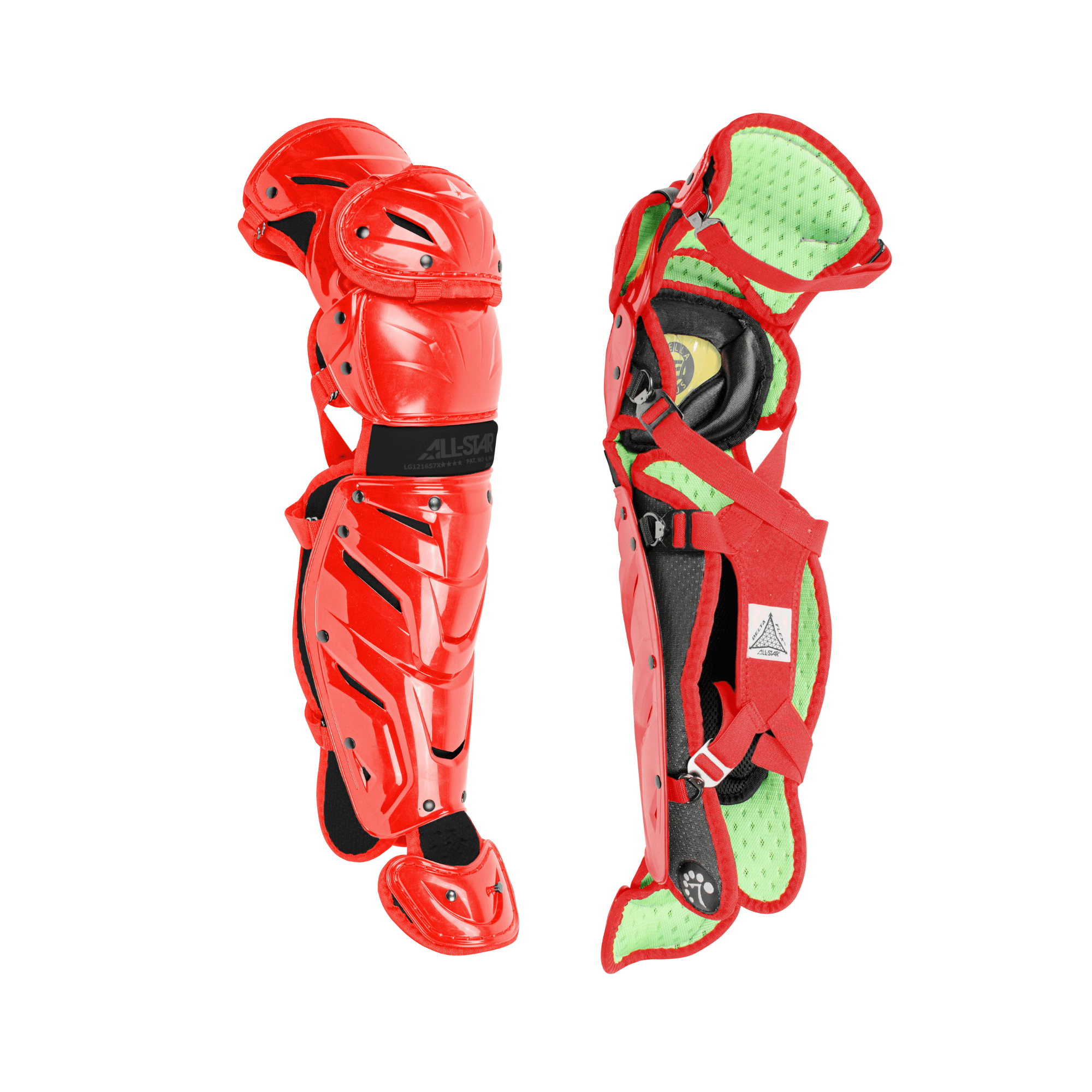 All-Star S7 AXIS Leg Guards in vibrant red, featuring LINQ hinge system and secure DeltaFlex harness for youth catchers.