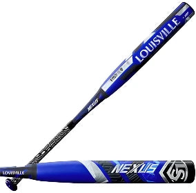 Louisville FP NEXUS (-12) Fastpitch softball bat featuring a blue and black design, perfect for young hitters.