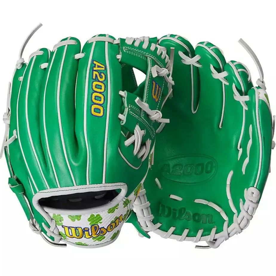 Wilson 2024 A2000 MDA Shamrock 1786 infield glove in Kelly Green with shamrock design and embroidered logo.
