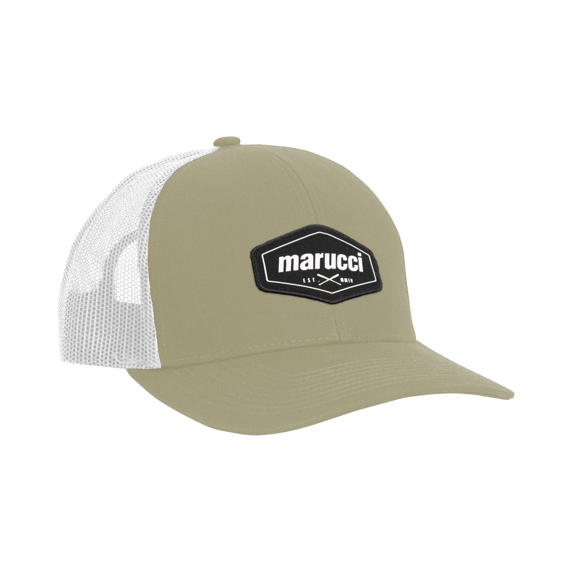 Marucci Fabric Cross Patch Trucker Hat Tan/White, structured crown, cotton/poly-twill front panels