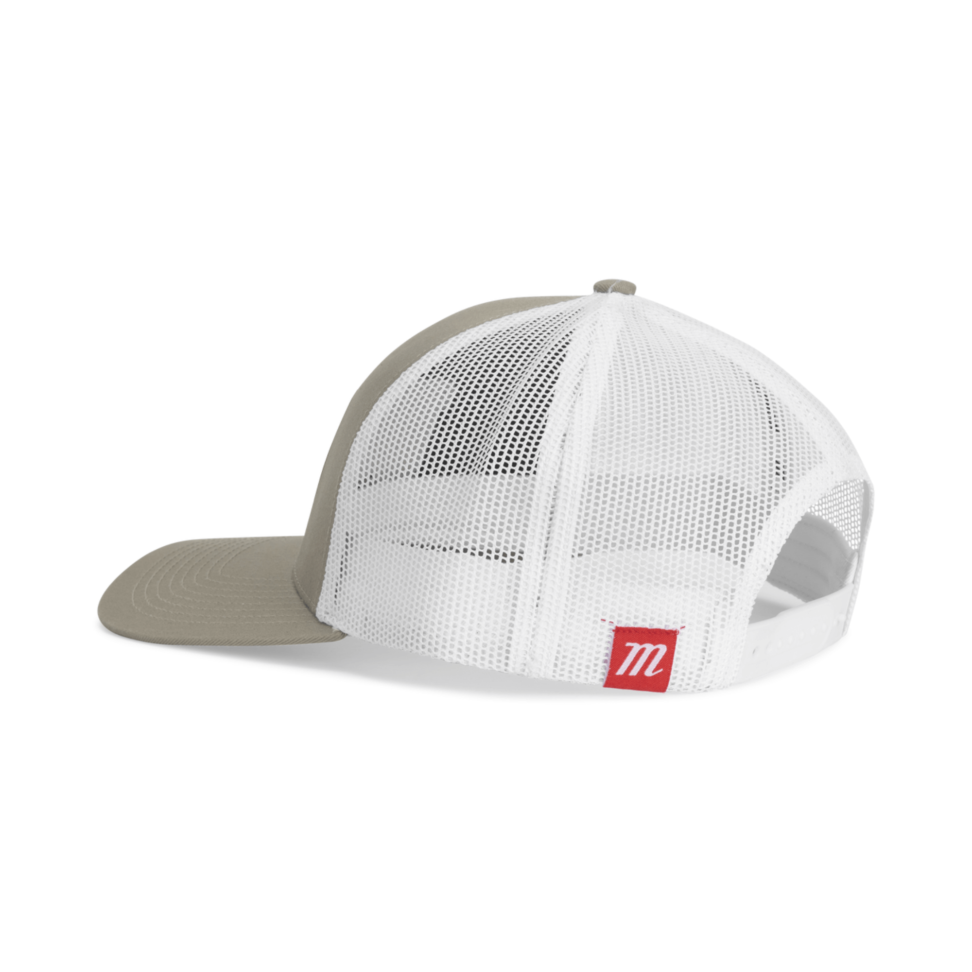 Marucci Fabric Cross Patch Trucker Hat Tan/White, structured crown, cotton/poly-twill front panels