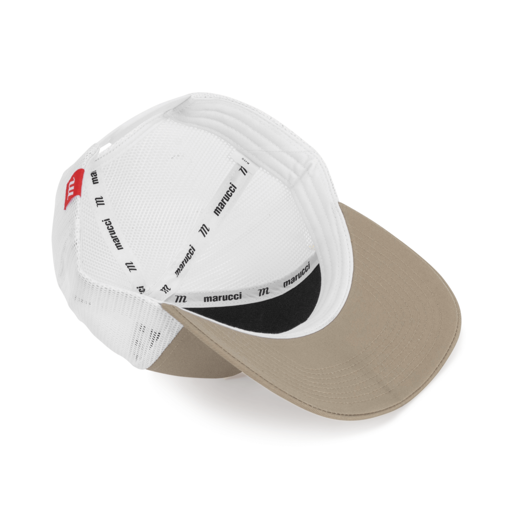 Marucci Fabric Cross Patch Trucker Hat Tan/White, structured crown, cotton/poly-twill front panels