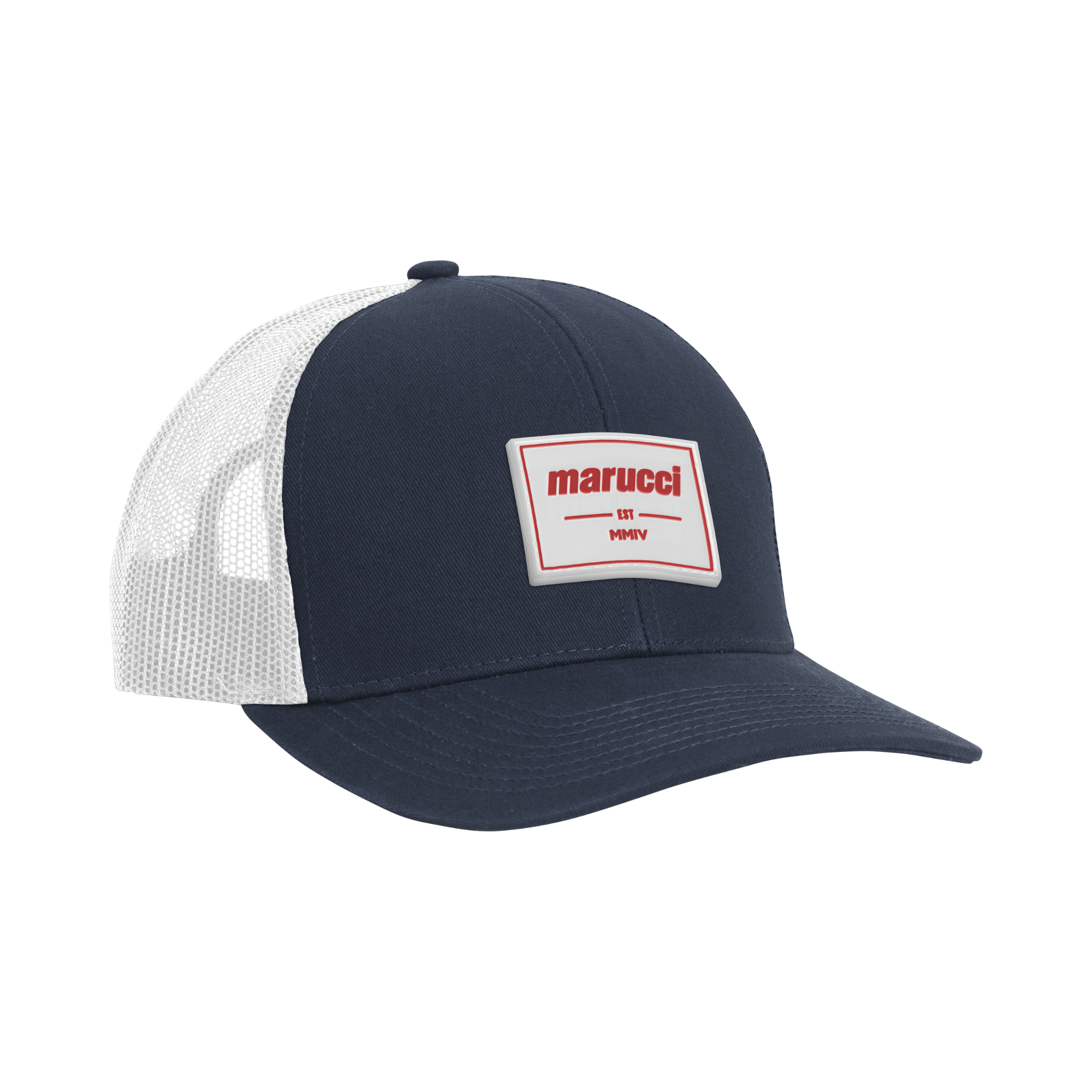 Navy and white Marucci trucker hat with rubber stamp patch and structured crown.