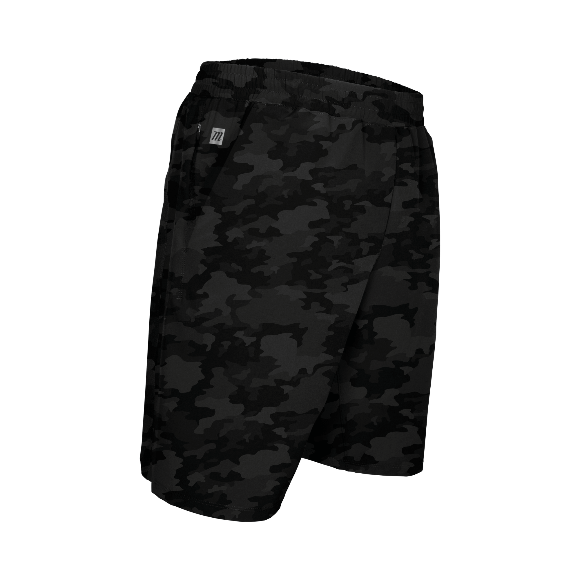Marucci St. Louie Hybrid Training Shorts in Camo with elastic waistband and hidden pocket for secure storage.