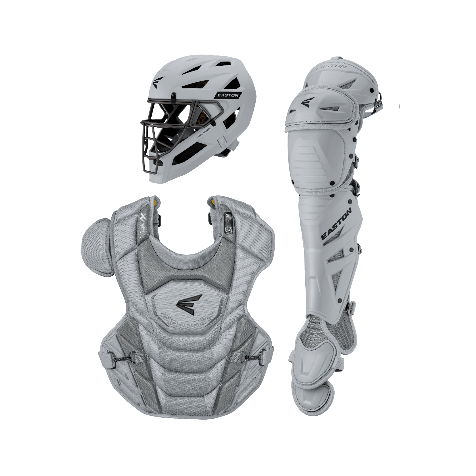 Easton MAVXKIT Catcher's Set hero image, helmet, chest protector, and leg guards in grey color.