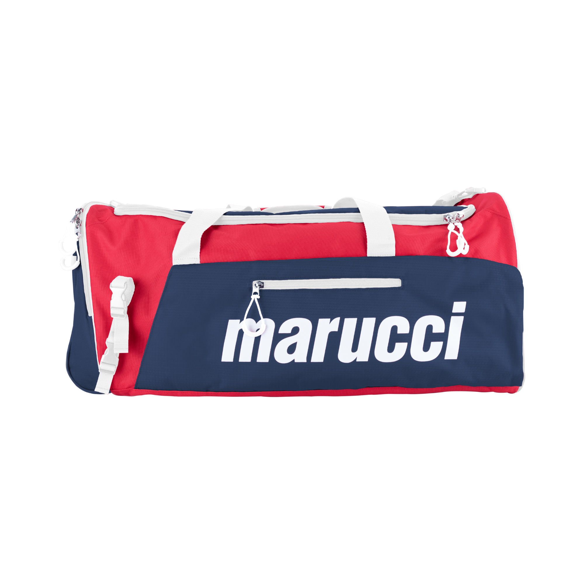 Marucci Team Utility Duffel Bag V3 in red and navy, featuring compartments for gear and external bat sleeves.