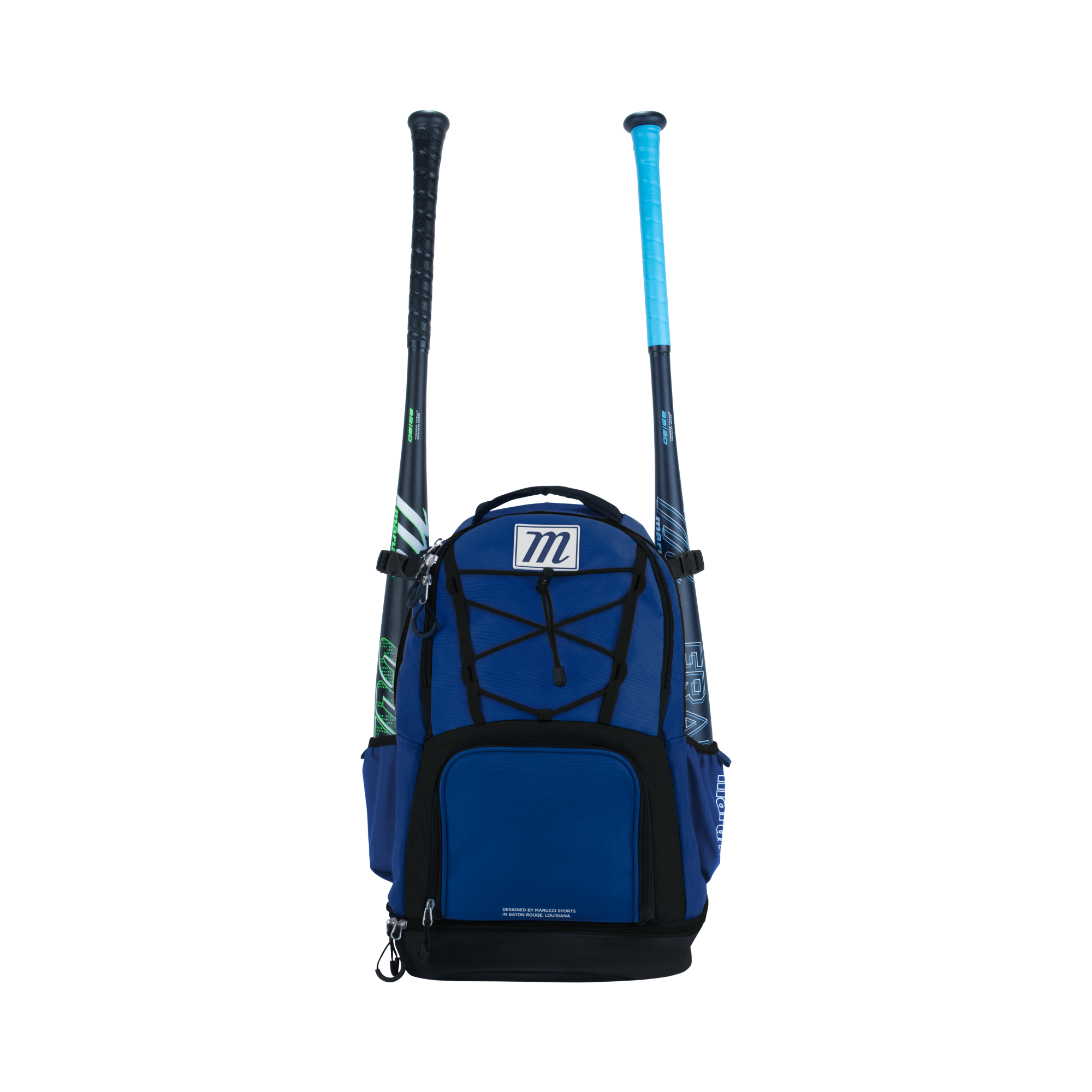 Marucci Blazr Bat Pack in Royal Blue with two bats displayed, featuring removable panel and ventilated compartments.