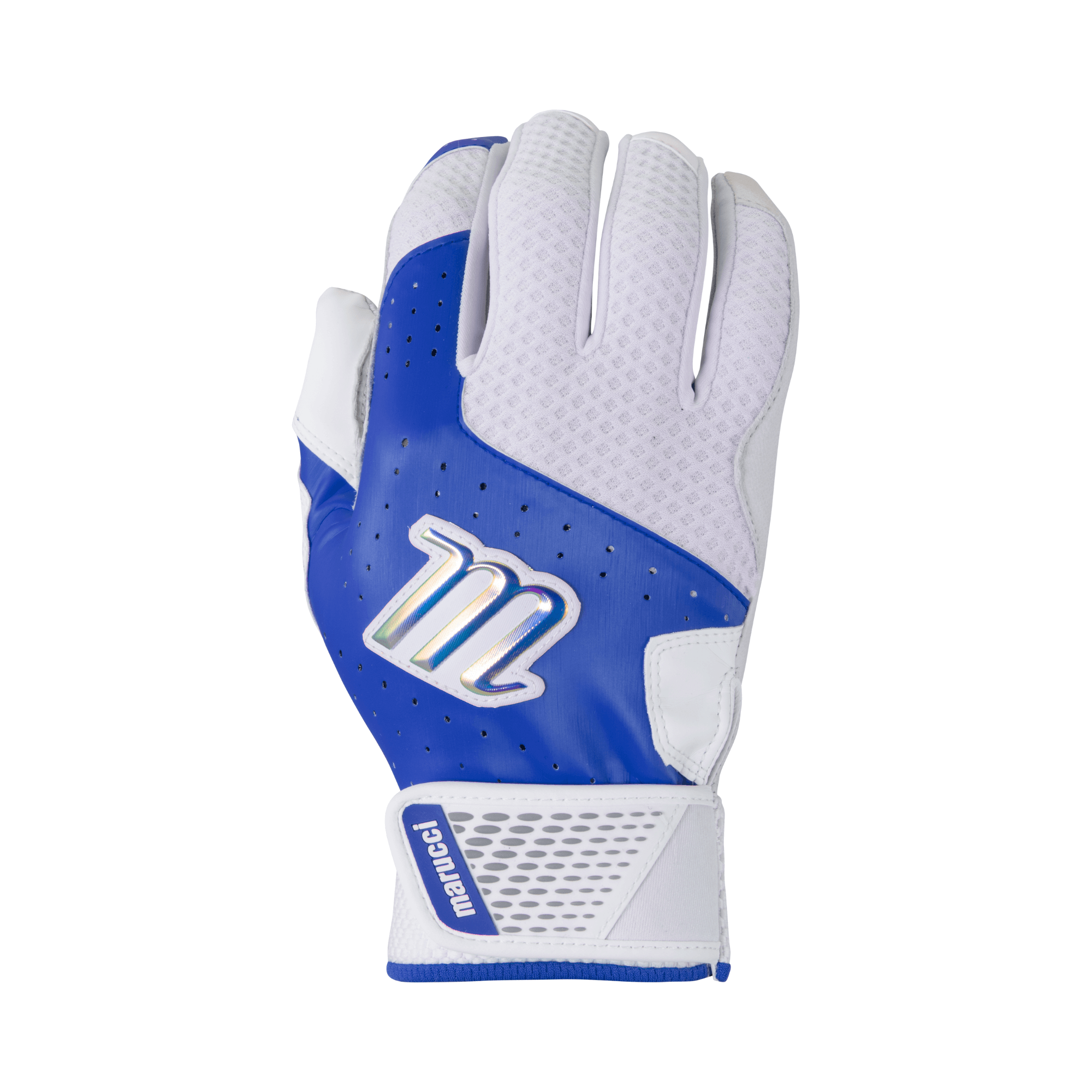 Marucci Crest Batting Glove in royal blue with white accents, featuring durable leather palm for enhanced grip and comfort.