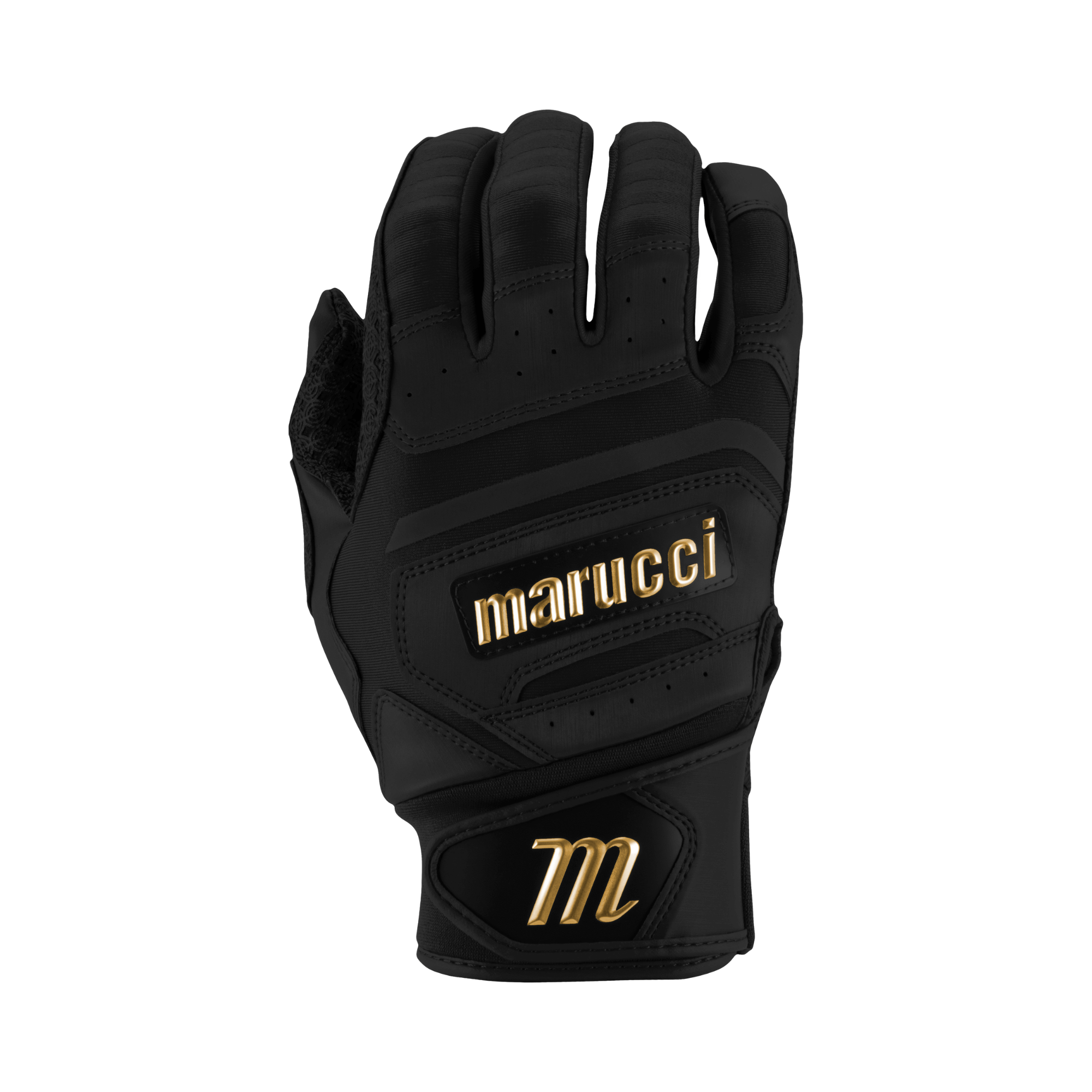 Marucci Adult Pittards Reserve batting gloves in black with gold accents, featuring sheepskin palm and silicone back for comfort.