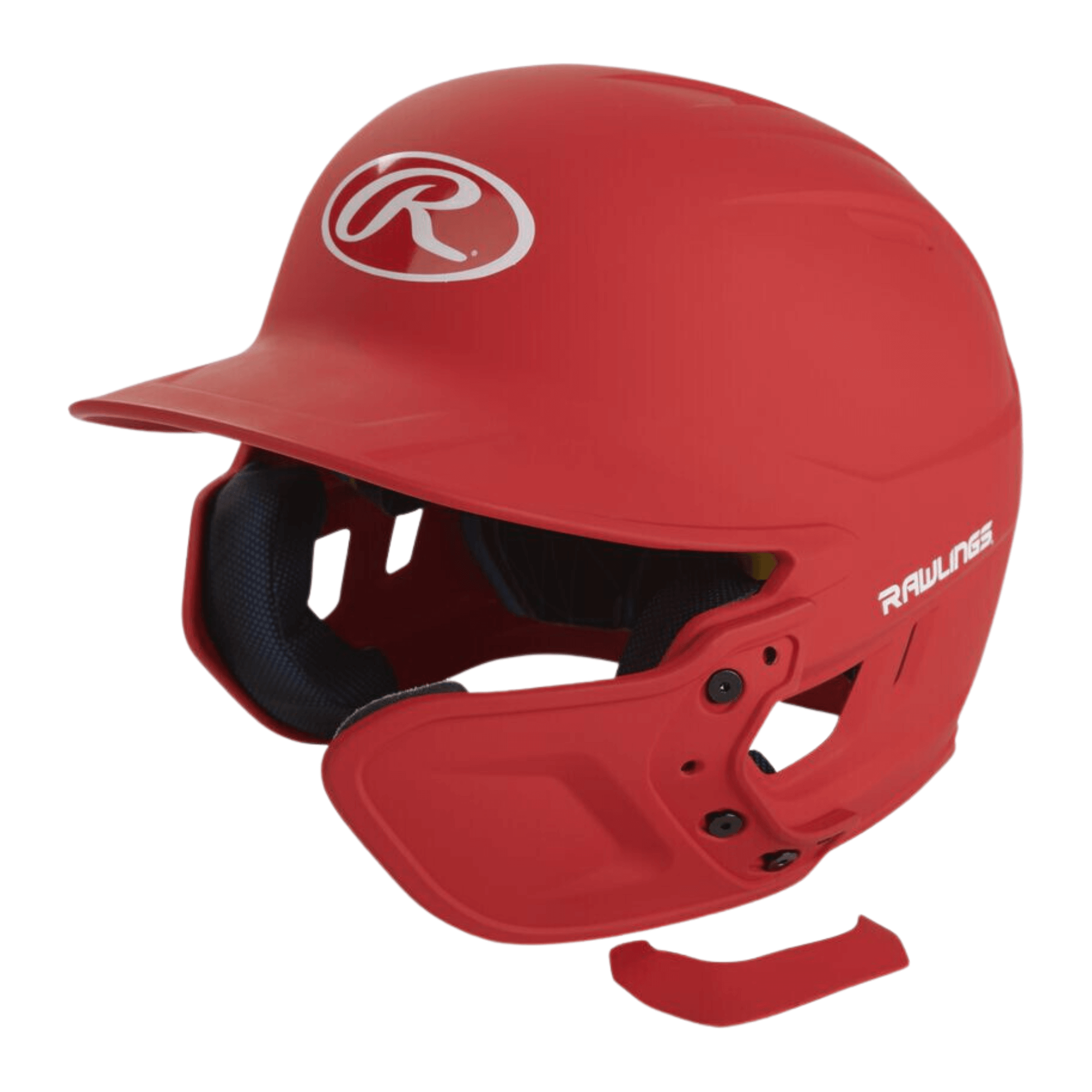 Rawlings MACH EXT batting helmet in red with extension piece for enhanced facial coverage and visibility for batters.