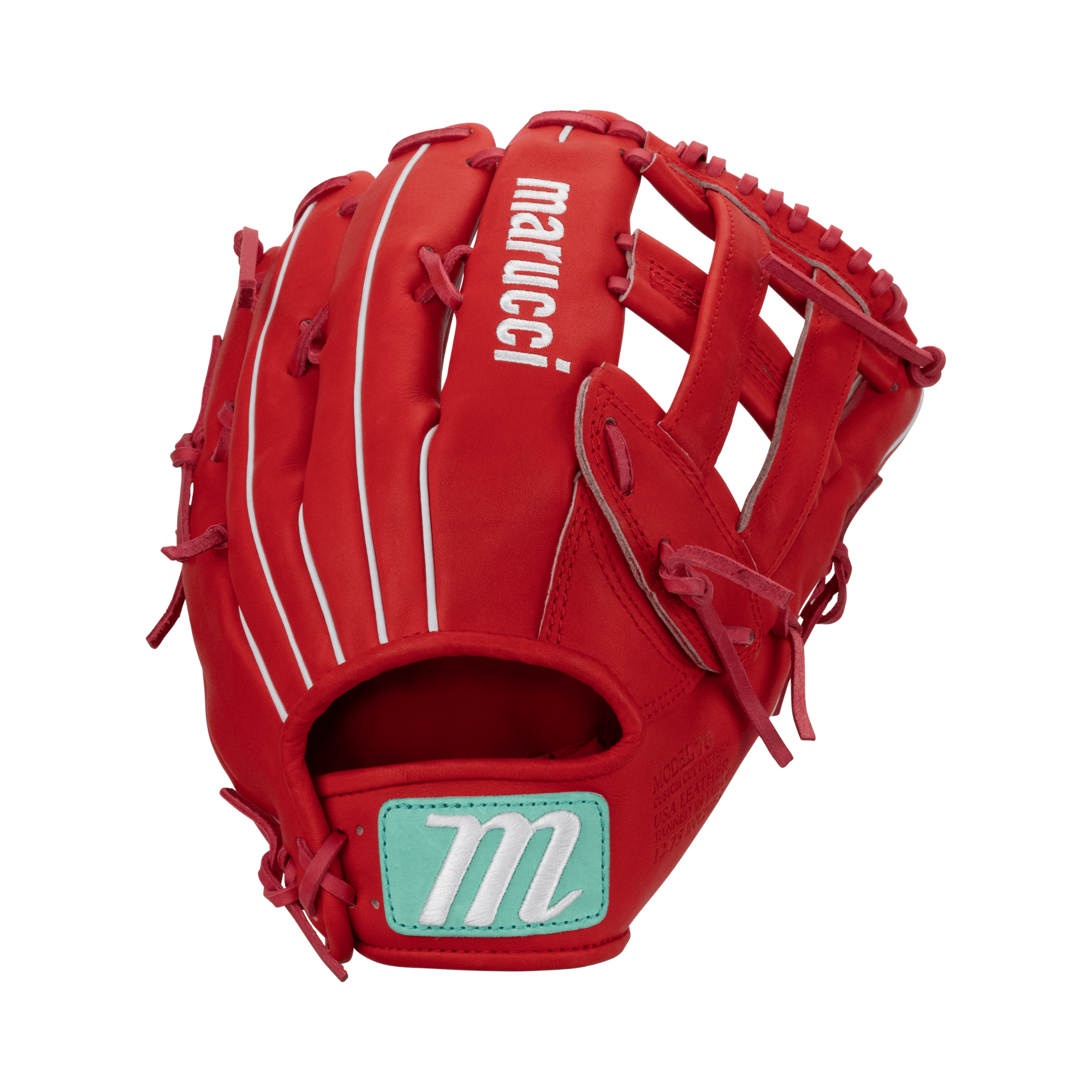 Marucci Capitol M Type 78R3 12.75" H WEB RHT glove in red and mint, featuring premium leather and memory foam lining.
