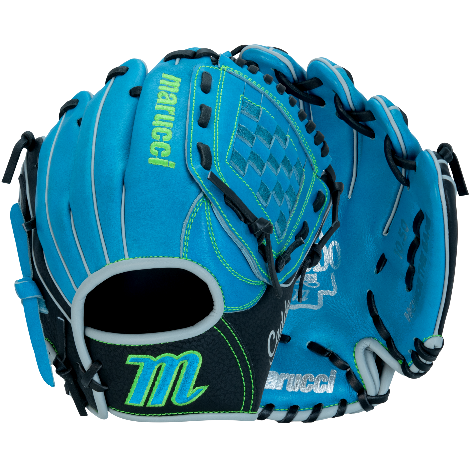 Marucci Caddo Series V3 Baseball Glove 10.50” Basket Web LHT front and back view showing SB/BK colorway and durable leather.